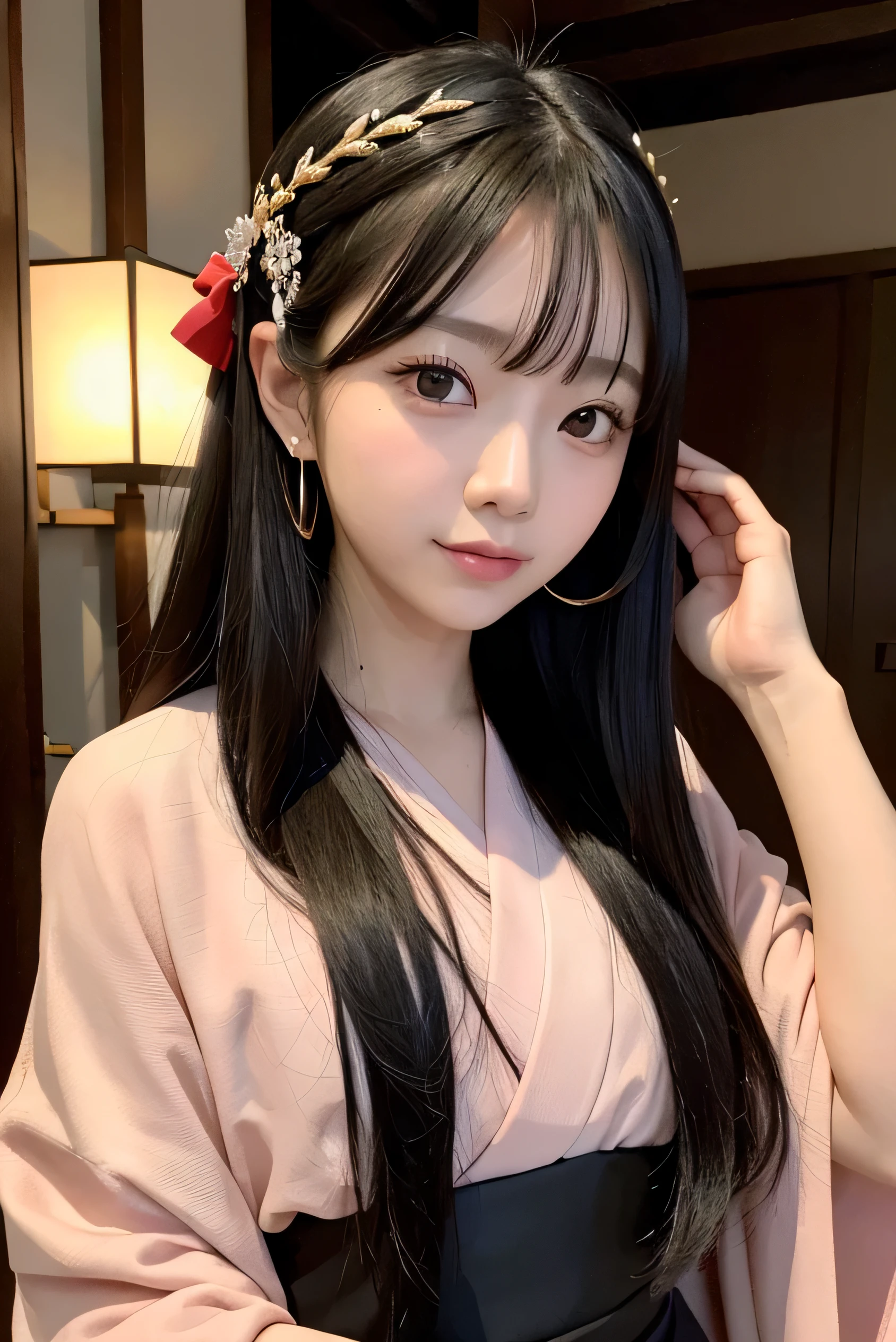 High resolution high quality beauty Fancy Oiran masterpiece、Highest品質、 long hair 25 years old black hair long hair Kyoto cityscape blush bangs oily skin beautiful nightの京都 Japanese woman with black eyes tie hair cute adult beautiful Highest night gorgeous hair ornament hairpin kimono kimono 23 year old female small face