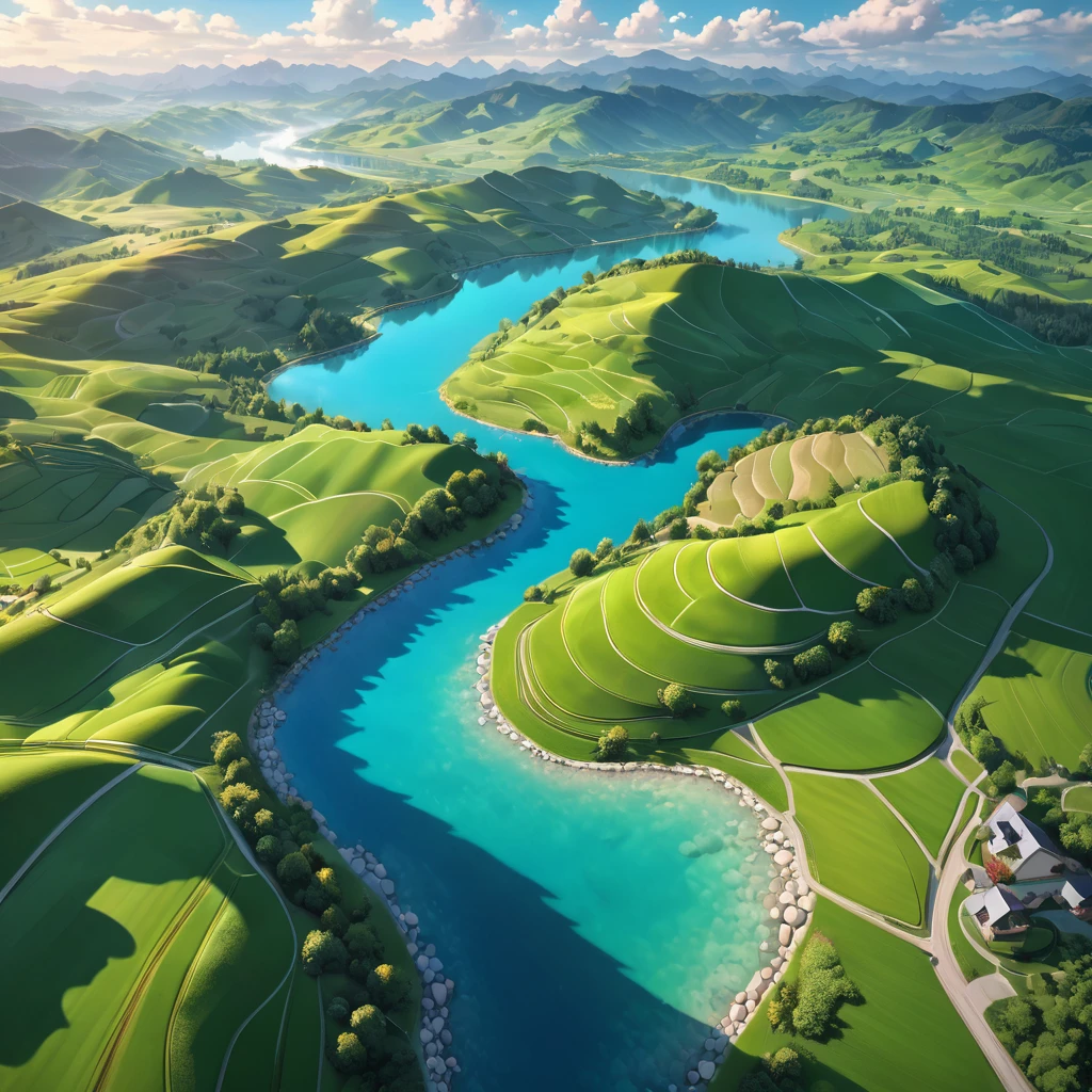 Aerial View, aesthetic, extremely detailed, (best quality,4k,8k,highres,masterpiece:1.2),ultra-detailed,realistic,professional,aerial view,landscape,panoramic view,farmland,rolling hills,majestic mountains,sunlit clouds,vivid colors,soft sunlight,crystal clear river,winding roads,splendid nature,peaceful atmosphere,serene beauty,harmonious composition,strong perspective,distant horizon,impressive depth of field,immersive experience