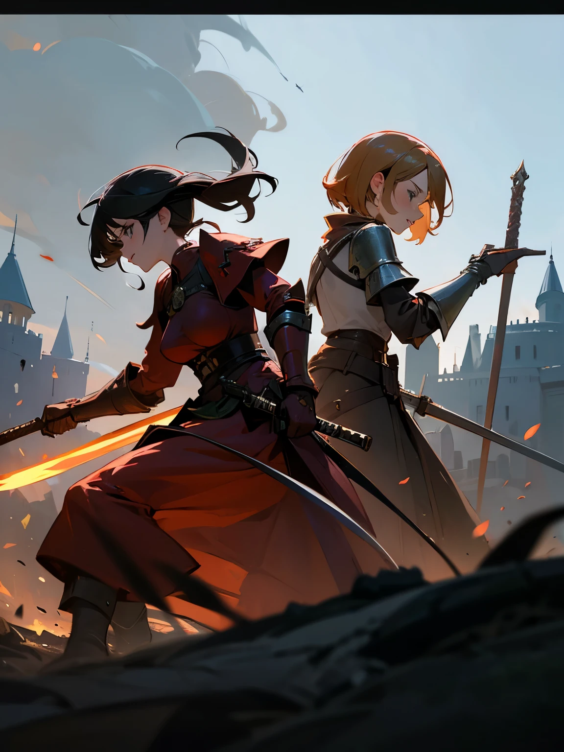 Masterpiece, best quality, fantasy world background, battlefield background, depth of field, castle ruins, fire soldiers. 2 girls, Scarlett Johansson and Emma Watson, ((back to back)), battle stance, holding sword. Wearing fantasy armour