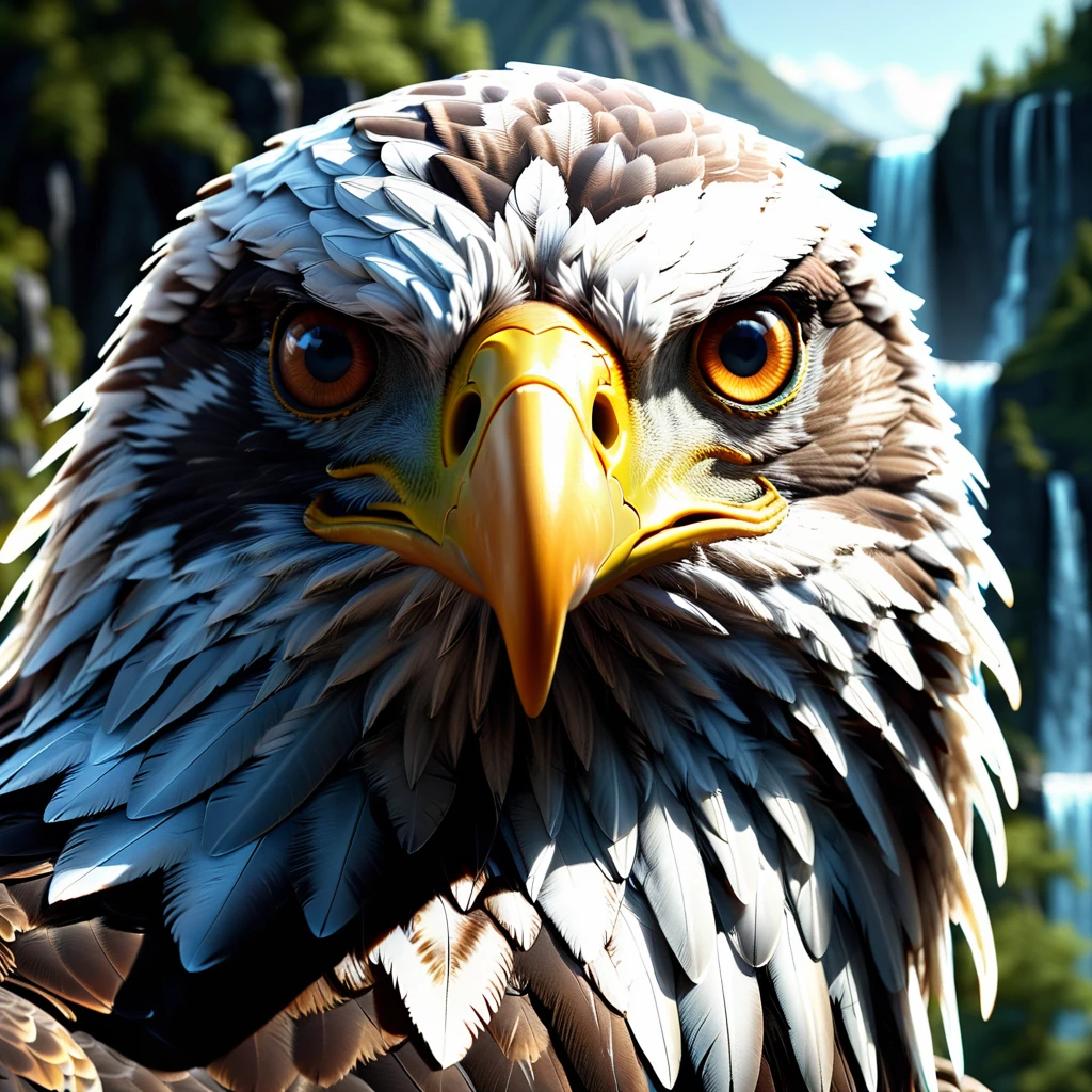 Fantasy hyperrealism digital art . Reflective art. Close-up of the eyes of a flying eagle. The mountains and the waterfall are reflected in the eagle's eye. Focus on the reflection of the mountain landscape in the eye of a flying eagle. Hyperrealistic reflection. Hyperdetalization. 32k., dominating ArtStation trends, crafted in an 8k photorealistic style, wrapped in soft, naturally volumetric cinematic lighting., ultra-clear digital render., visuals at a stunning 8K, blending photorealistic concept art with the refined illumination of soft, cinematic composition, masterpiece-level oil painting, ultra-detailed, high contrast shadows emphasizing the grave markers, evoking the film's classic cinematography. High Resolution, High Quality, Masterpiece.best quality, masterpiece, super detail