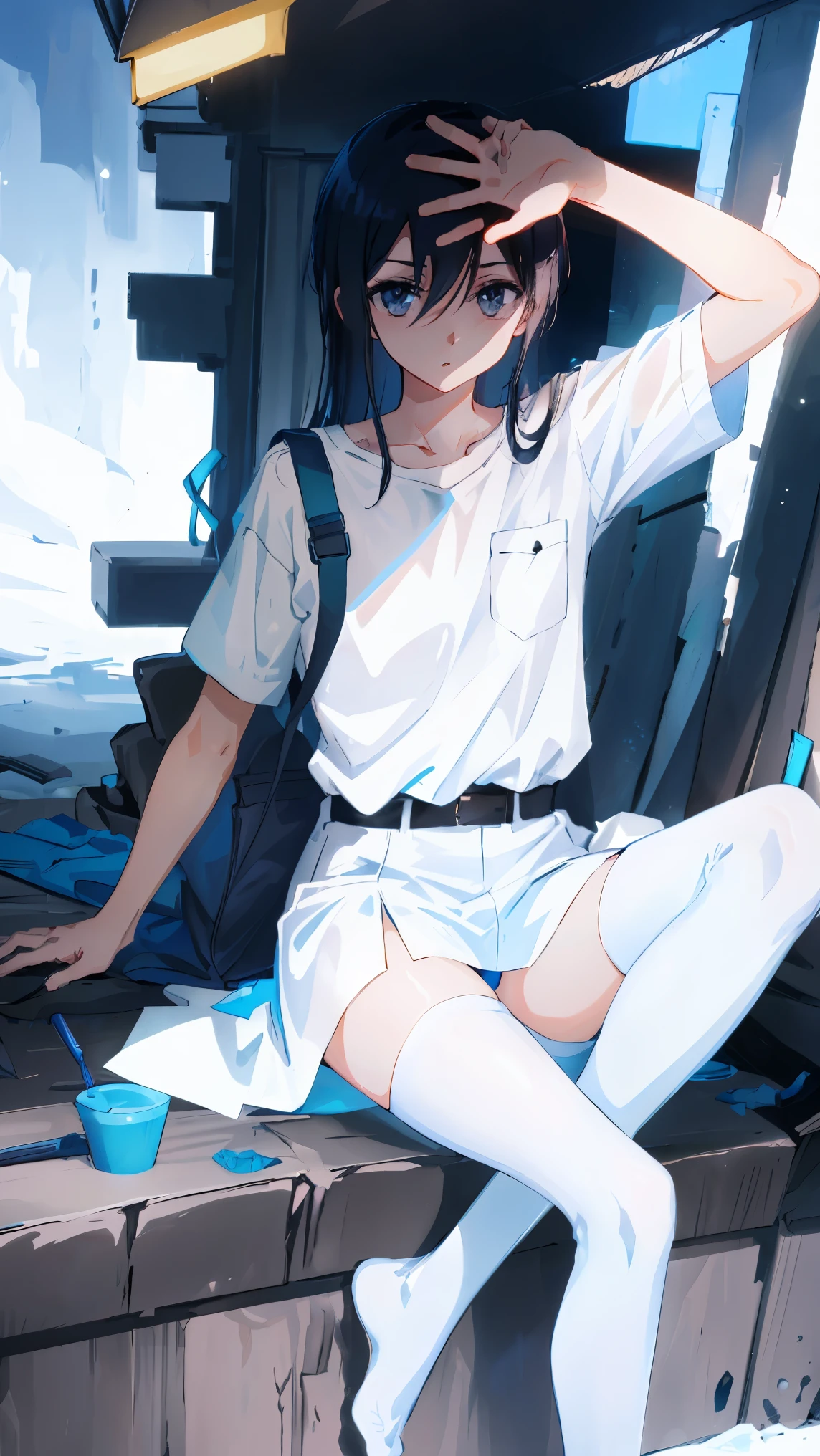 long black hair,  white silk, White shirt，Female Kirito，black stockings，no shoes，Leakage fat times