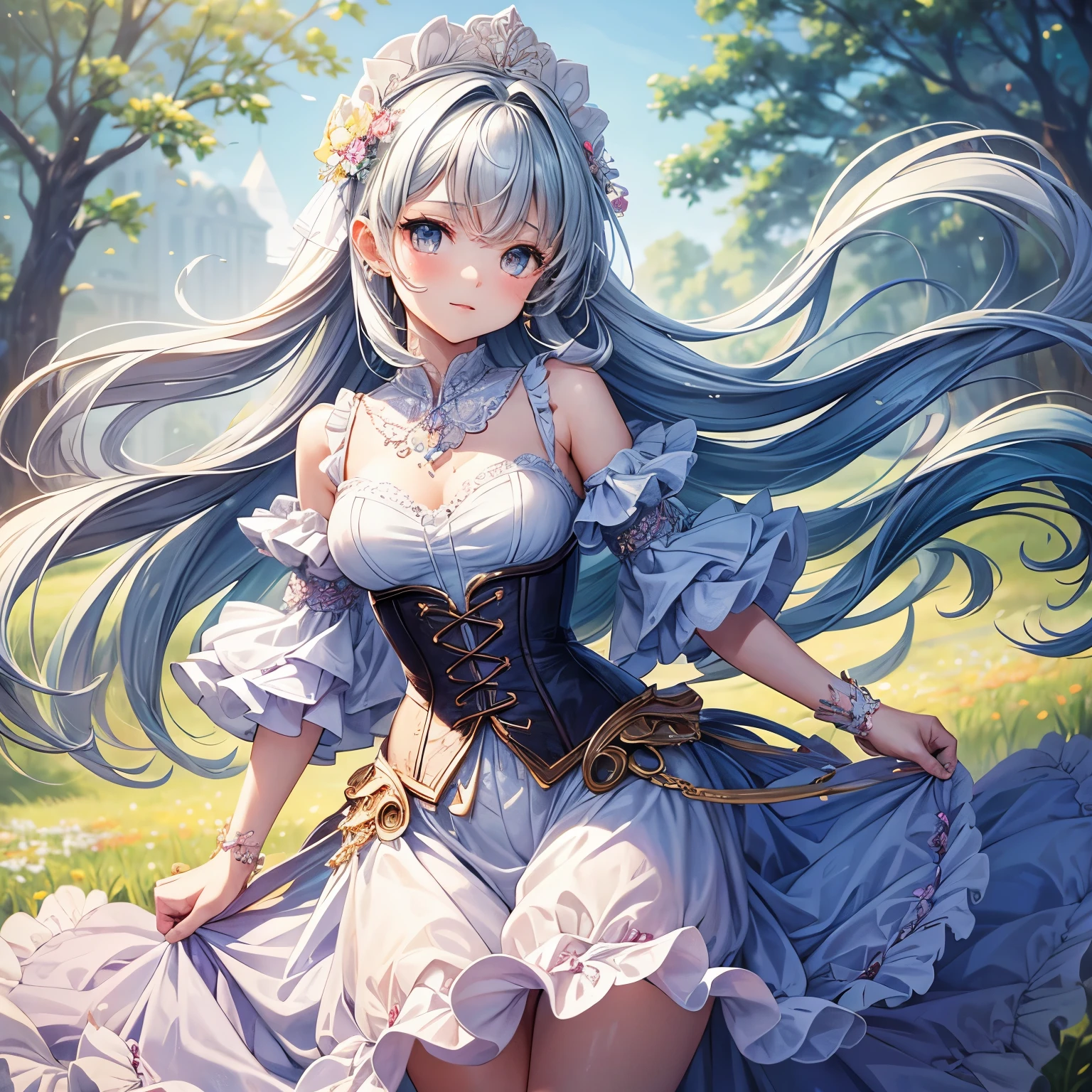 18 years old,super detailed,a beautiful girl, , Playful and charming. Girls&#39; clothes are made of exquisite, The flowing fabric seems to be dancing in the breeze. Color is soft pastel, Reminiscent of the wildflowers surrounding her. The corset is attached, With intricate embroidery and beading that catches the light. Full and elegant skirt, when she moves，Multiple layers of fabric create a soft rustling sound. The overall effect is one of timeless elegance and elegance.