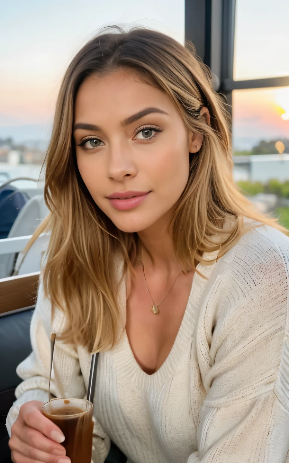 beautiful blonde wearing pink sweater (drinking coffee in a modern cafe at sunset), Muito detalhado, 21 anos de idade, rosto inocente, cabelos ondulados naturais, olhos azuis, high resolution, obra de arte, melhor qualidade, detalhes intrincados, altamente detalhado, sharp focus, pele detalhada, Realista skin textura, textura, olhos detalhados, profissional, 4k, sorriso charmoso, filmado em Canon, 85mm, profundidade superficial de campo, Cores Kodak Vision, corpo em forma perfeita, extremamente detalhado, foto_\(ultra\), photoRealista, Realista, Post-processing, maximum detail, rugosidade, Vida real, ultra Realista, fotorrealismo, fotografia, 8k hd, fotografia