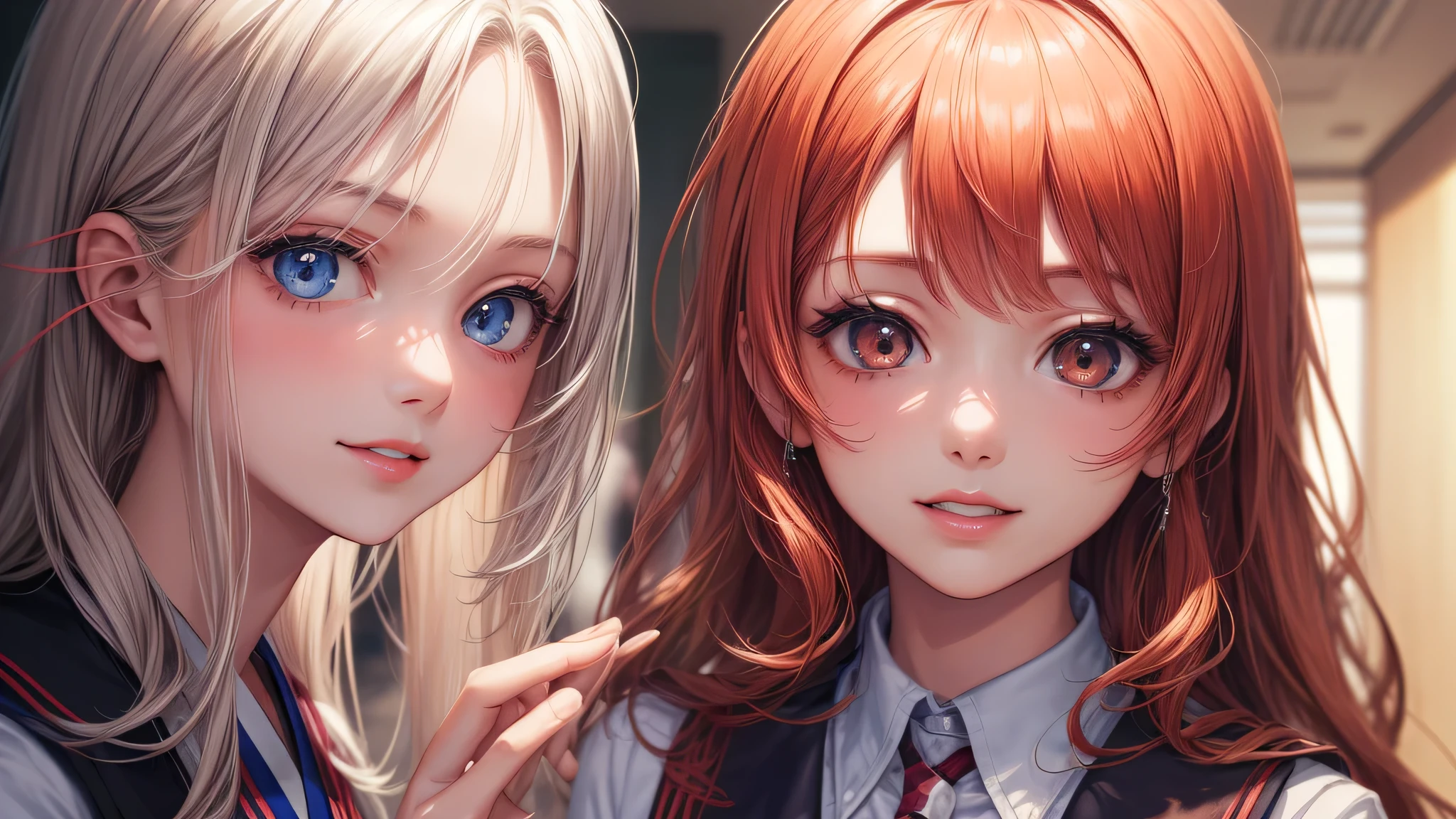 (2 girls:1.2), incredibly beautiful face,, shining smile, (school uniform, mini skirt:1.2), (highest quality: 1.4), (Super detailed), (highest quality:1.4), (super detailed), evening, (Corridor of the Japan-man school), (anime illustration), very high resolution, (Upper body), close up face
