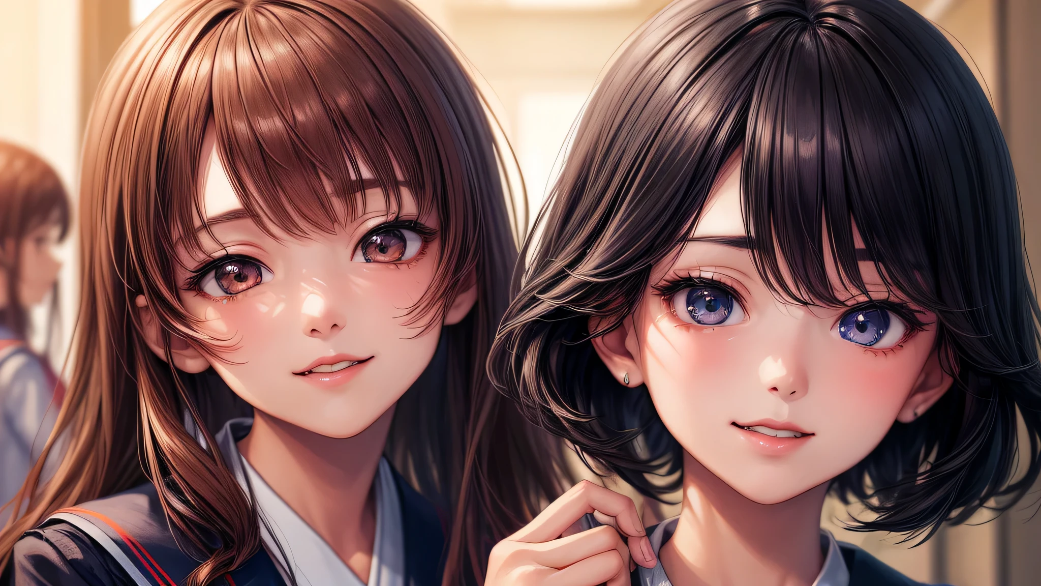 (2 girls:1.2), incredibly beautiful face,, shining smile, (school uniform, mini skirt:1.2), (highest quality: 1.4), (Super detailed), (highest quality:1.4), (super detailed), evening, (Corridor of the Japan-man school), (anime illustration), very high resolution, (Upper body), close up face