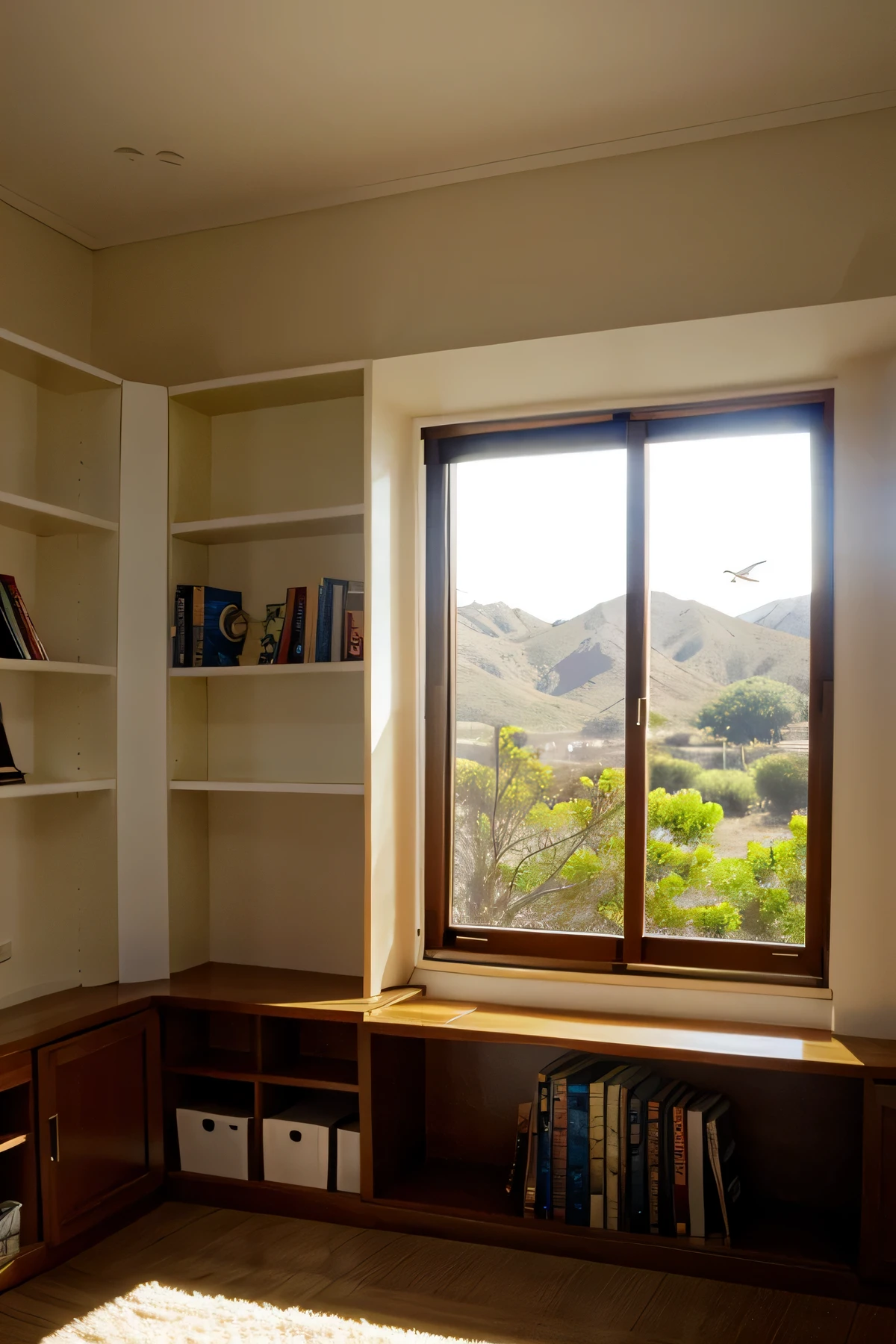 Estamos en una sala, In the background we see a bookshelf and next to it a window. Afuera de la ventana vemos un pajaro