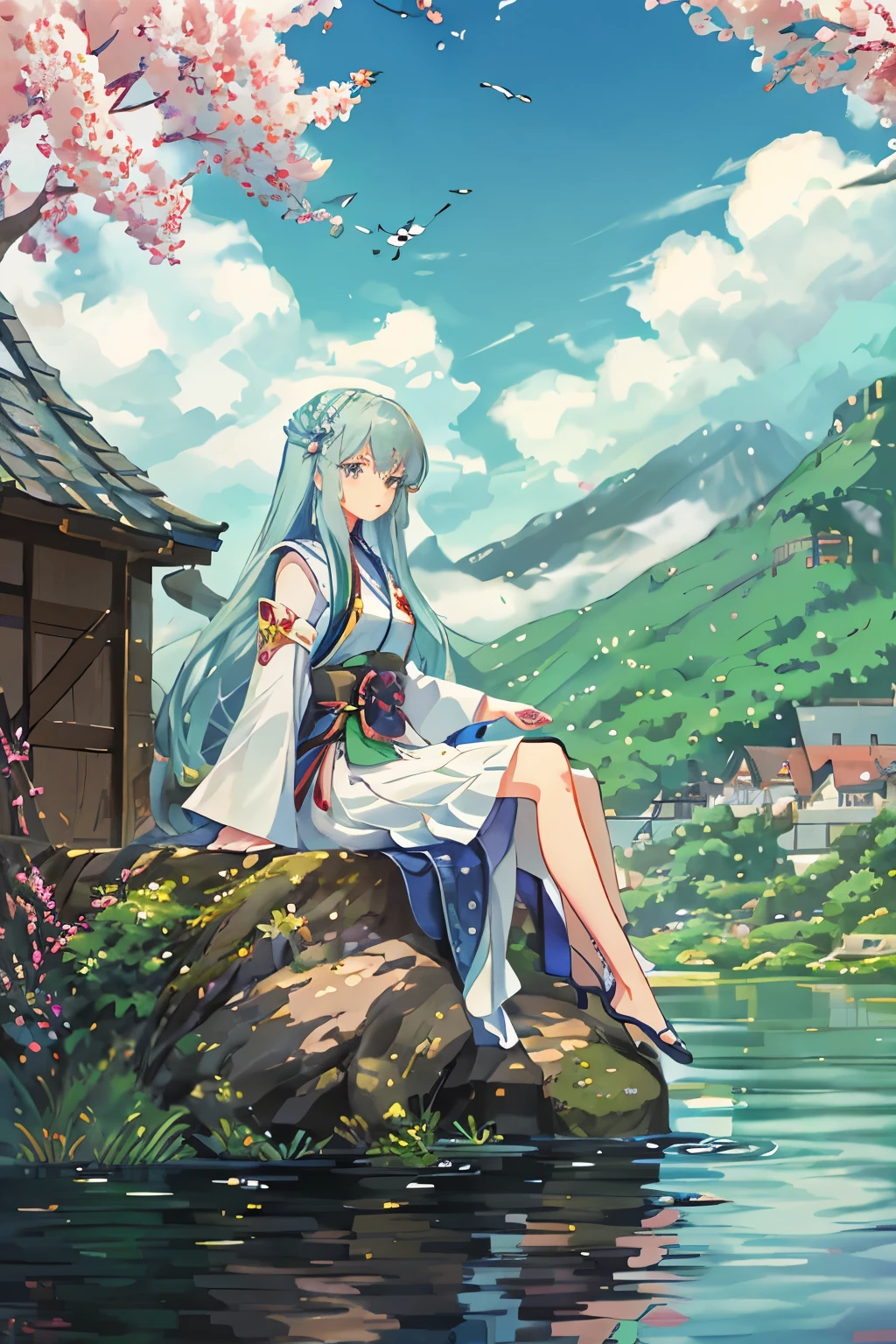 Anime girl sitting in a vibrant, 8k, ultra high definition garden, surrounded by tall, peaking mountains with an ocean in between and a small beach. The landscape is adorned with various colorful flowers, a beautiful blue sky dotted with fluffy clouds, birds perched on tree branches, and insects buzzing around. The anime girl's body is slender and graceful, with long, flowing hair and large, expressive, blue eyes. She wears a traditional Japanese outfit and sits in a cross-legged position, her back facing the stunning view. The garden is meticulously detailed with intricate textures and shading, creating a realistic and immersive atmosphere. The scene