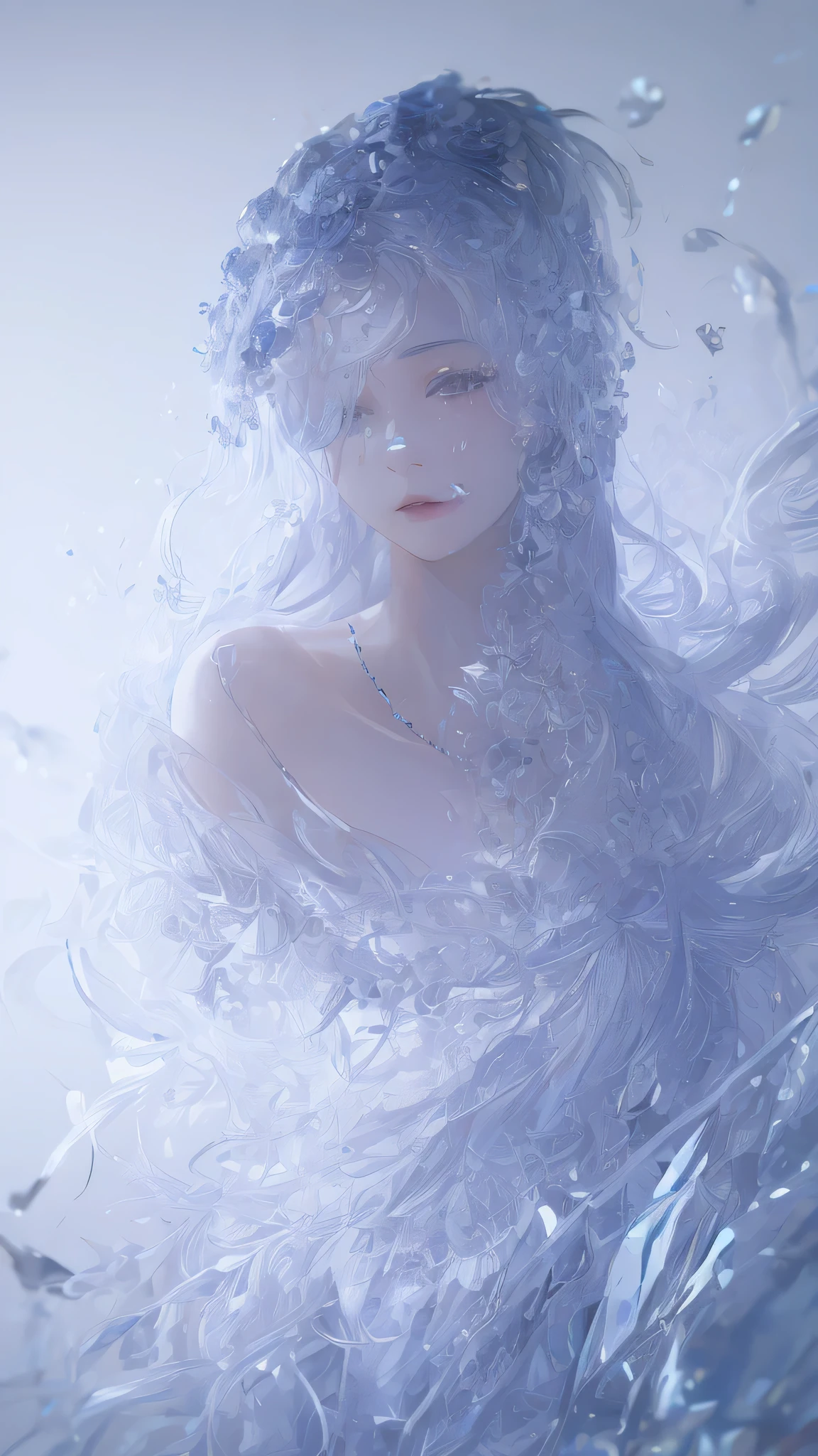 masterpiece,Highest resolution,((((diamond)))),Noble beauty dynamic avatar,Blue hair elegantly tied up,,jewelry,adiamondnecklace,(((wearing a huge cloak))),Purple clear eyes,(((Hair covered with beautiful and delicate flower arrangements, crystal jewelry filigree))),Super detailed details。