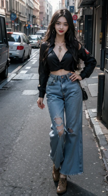 reality, High accuracy, dim light,1woman, Single, Hips high, (Detailed face),Tattoo, jewelry, Street wear, Beautiful soldier, An eye that invites the viewer, Beloved&#39;s point of view, Call for expression, Sexy smile, Perfect style, Perfect balance, Detailed skin, Naughty look, Visible chest、Full body