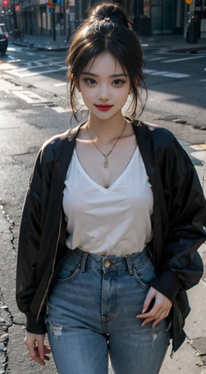 reality, High accuracy, dim light,1woman, Single, Hips high, (Detailed face),Tattoo, jewelry, Street wear, Beautiful soldier, An eye that invites the viewer, Beloved's point of view, Call for expression, Sexy smile, Perfect style, Perfect balance, Detailed skin, Naughty look, Visible chest、Full body