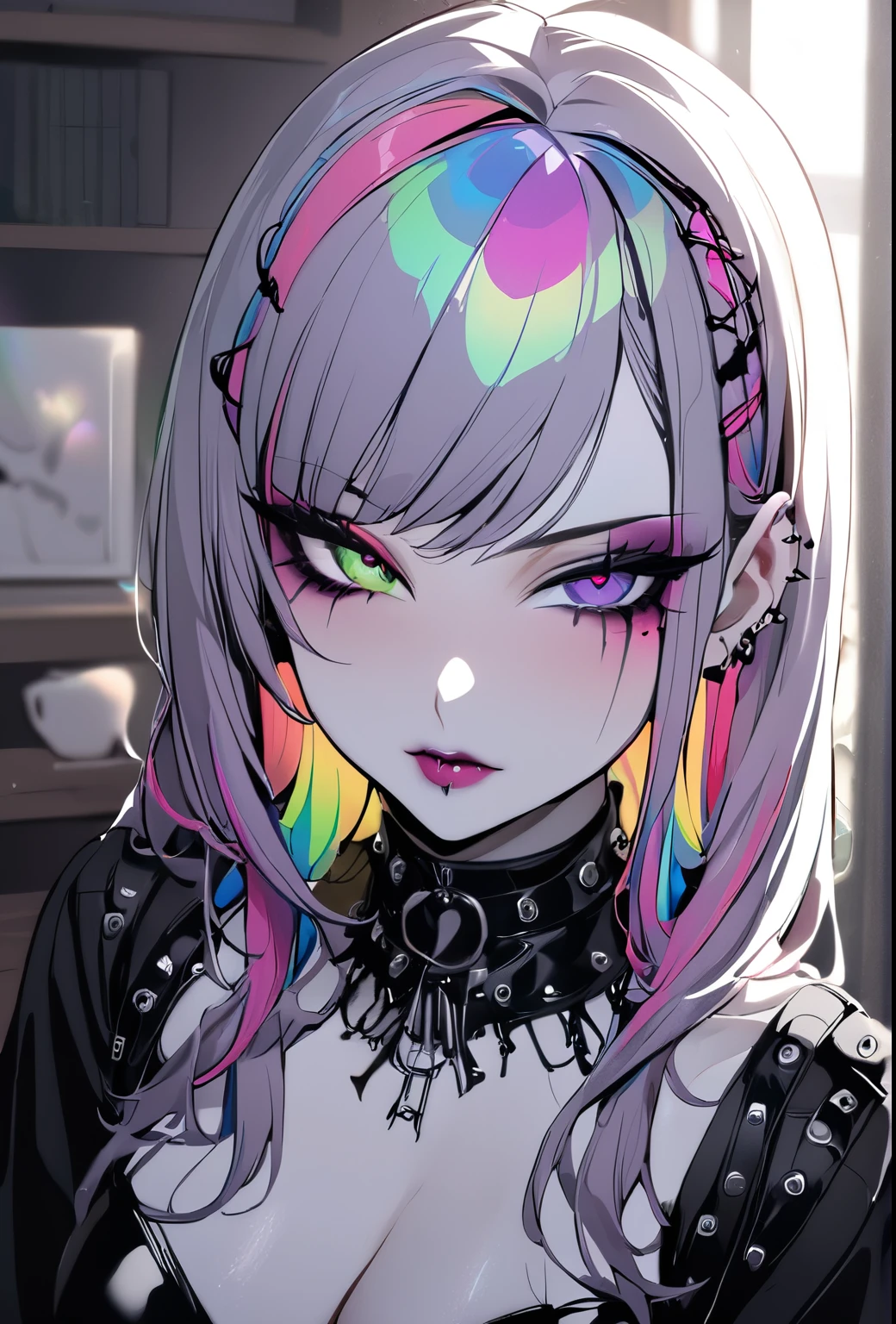 1girl, Holo-Punk Style, goth, masterpiece, best quality, indoors, mascara, lips, eyeliner, pale skin, rainbow hair