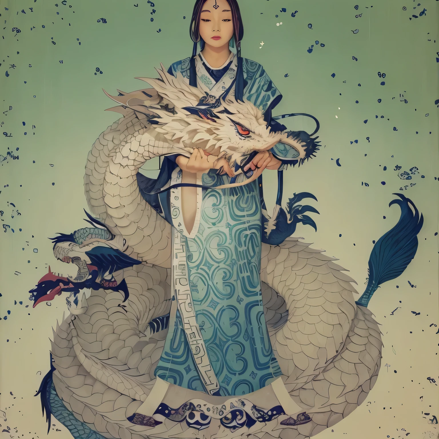 Painting of a goddess in a blue kimono and a pearlish white dragon,