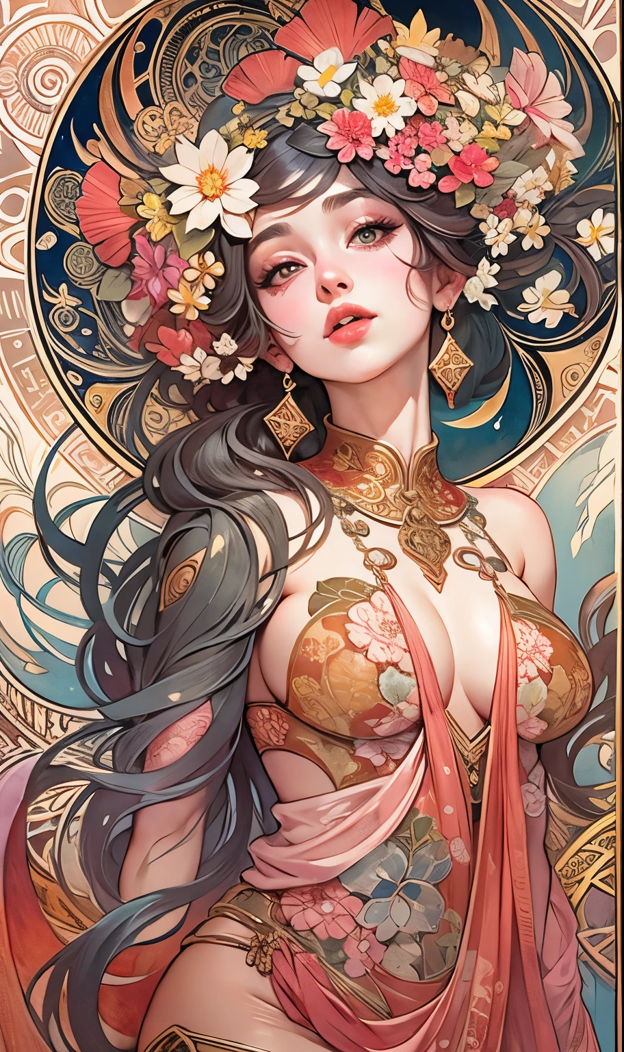 ((masterpiece)), (best quality), (Work), Art Nouveau watercolor painting , moon goddess , big breasts,robe,thong,show your neck,bare shoulders,show navel,exposed camel toe,Plum blossom tattoo on butt,big eyes, long, thick eyelashes, plump lips, dark red eyes, hair long and thick, high ponytail, chubby, flowery_background, Intricate designs and patterns in the style of Alphonse Mucha.from behind