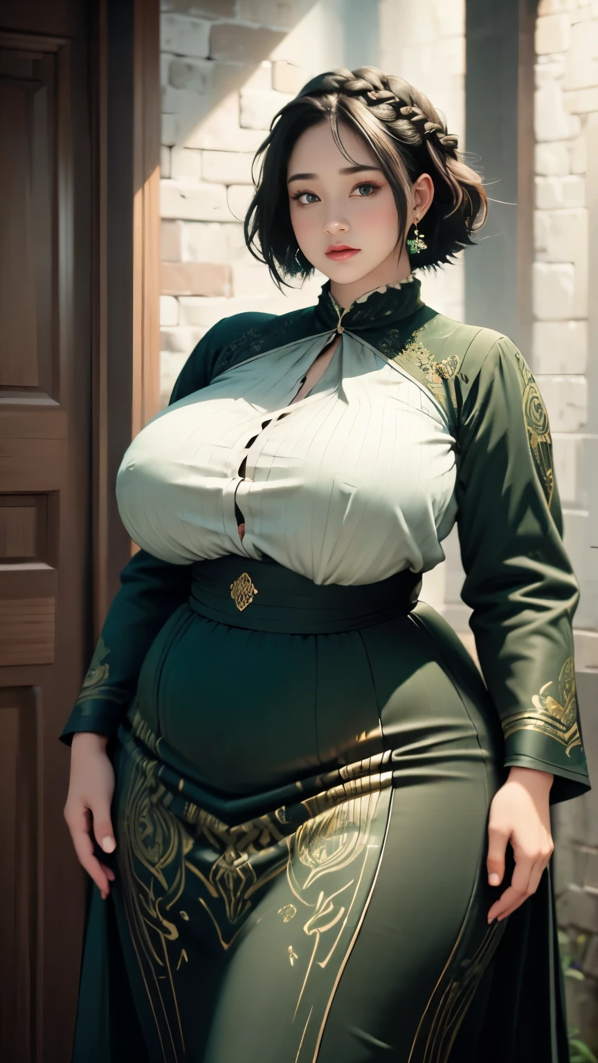 1girl, huge breast, wavy black short hair, green eyes,high quality, ultra detailed, masterpiece, realistic, gamis clothes,braid,standing, slightly fat arms , slightly fat belly , chubby cheeks