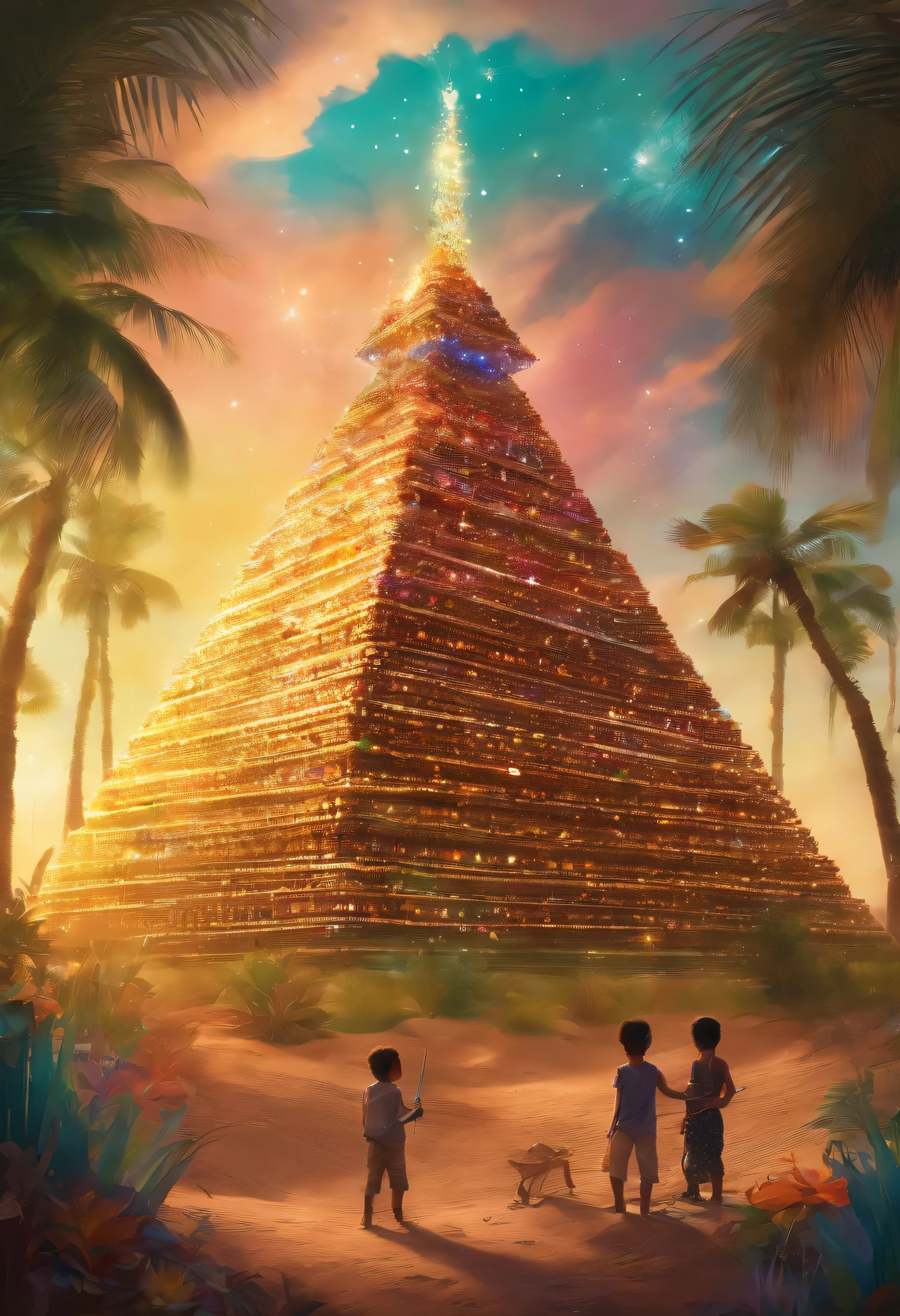 create a realistic image of 2 kids building a "pyramid temple" from plastic bottles in front of the real pyramid temple