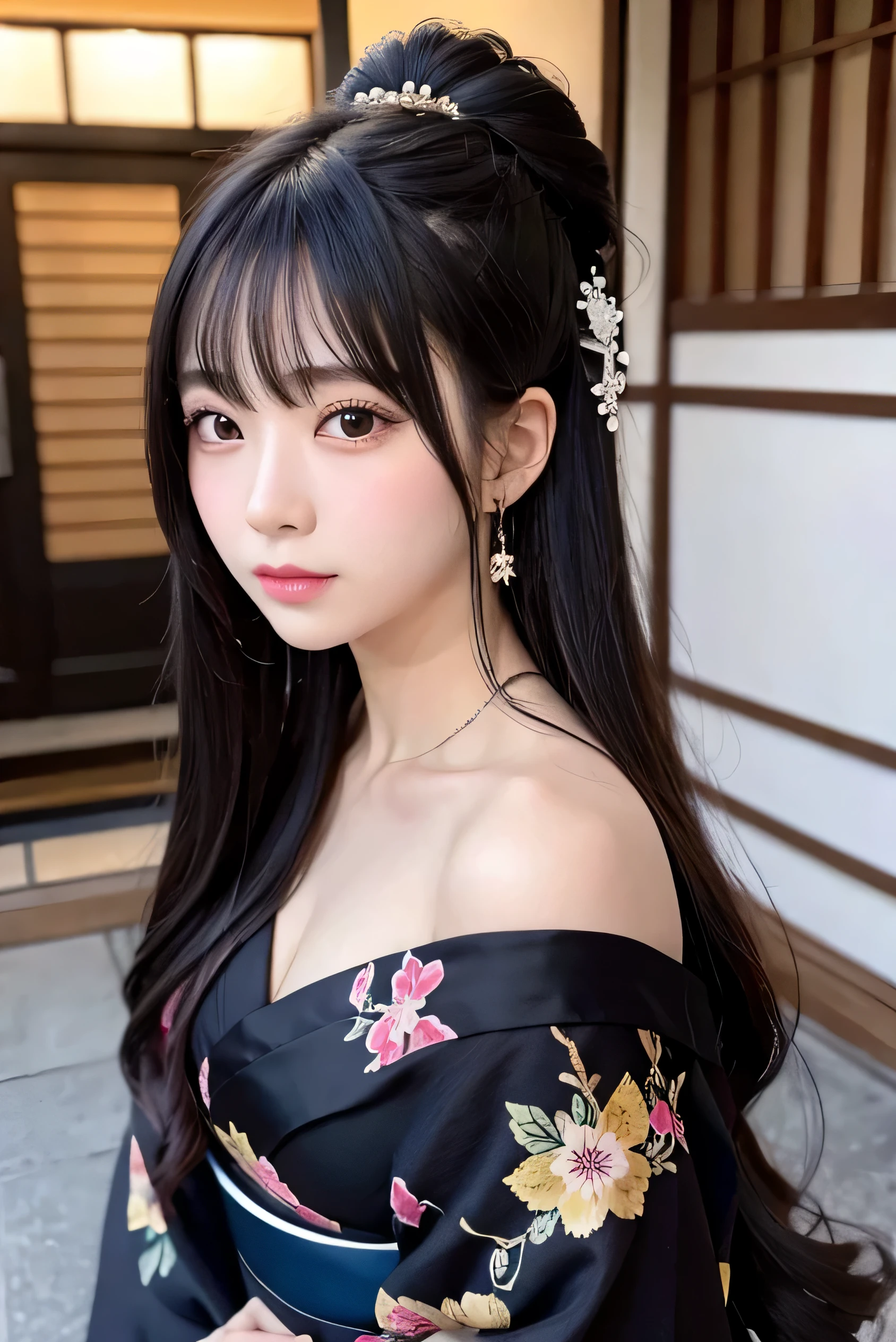 High resolution high quality beauty Fancy Oiran masterpiece、Highest品質、 long hair 25 years old black hair long hair Kyoto cityscape blush bangs oily skin beautiful nightの京都 Japanese woman with black eyes tie hair cute adult beautiful Highest night gorgeous hair ornament hairpin kimono kimono 23 year old female small face