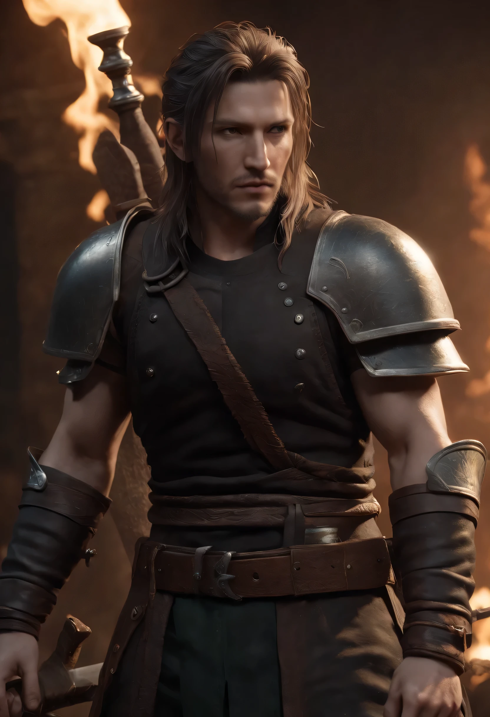 A realistic full body image of a reborn FFVII male character holding a spear and lots of magic and fire around, O homem tem barba, e um pente sobre o corte de cabelo marrom escuro, armadura de cor escura, in a war scenario, rosto detalhado, olhos detalhados, perfect composition, linda, detalhada, intrincada, insanamente detalhada, octane rendering trend in artstation, 8K, obra de arte