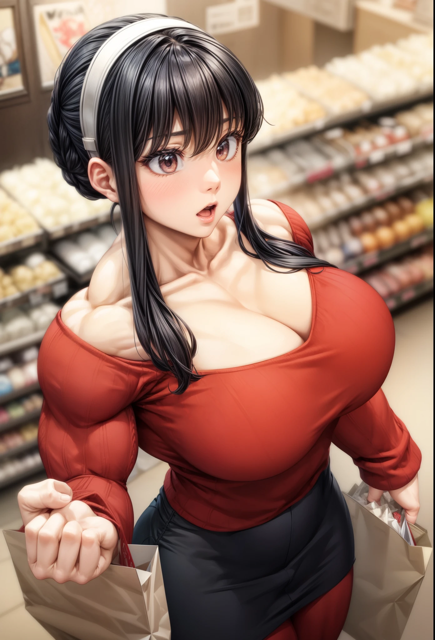 , masterpiece,girl,yor briar,biceps,muscular female, alternate muscle size,red sweater,open mouth,broad shoulder,pecs, muscular ,shopping ,