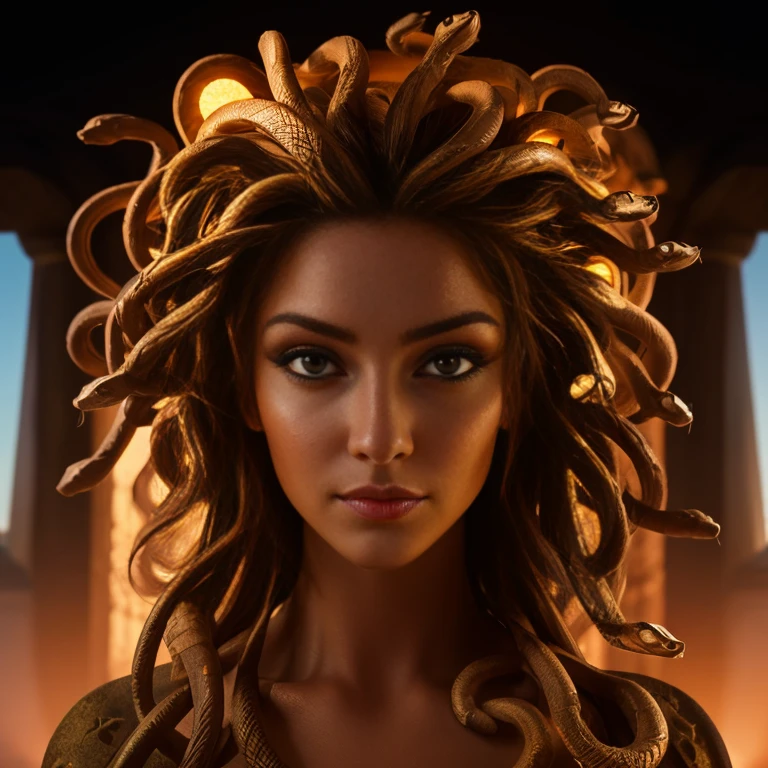 Photorealistic:1.2, the Greek mythological creature Medusa, Une très belle femme aux longs cheveux faits de serpents, ses yeux brillent, elle regarde la caméra,c&#39;est un ancien temple de geek, architecture grecque antique, Photorealistic, photographié par ARRI ALEXA 65, objectif 50 mm, cinema lighting, light of&#39;atelier, rim light, high contrast, couleurs douces