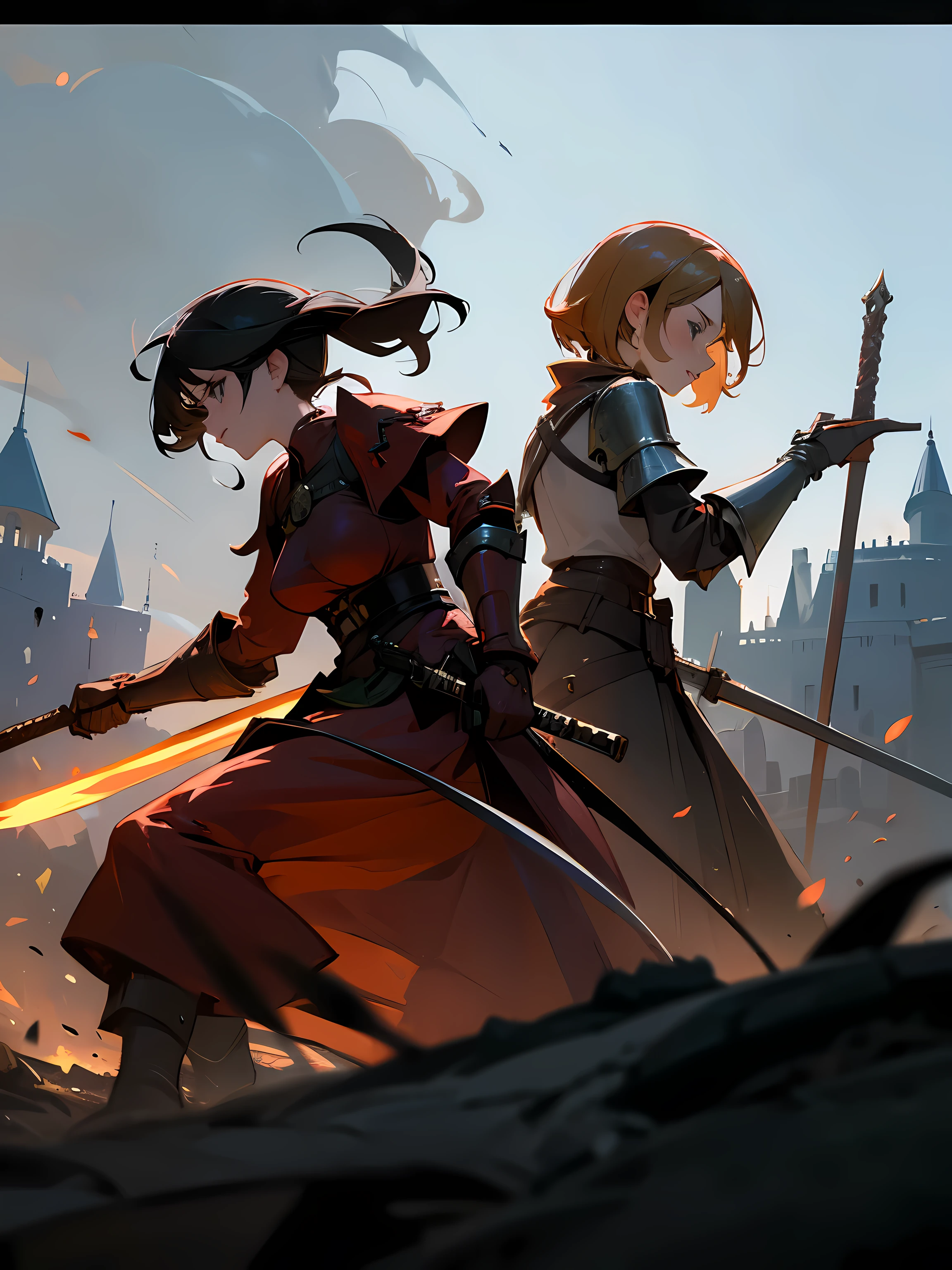 Masterpiece, best quality, fantasy world background, battlefield background, depth of field, castle ruins, fire soldiers. 2 girls, Scarlett Johansson and Emma Watson, ((back to back)), battle stance, holding sword. Wearing fantasy armour