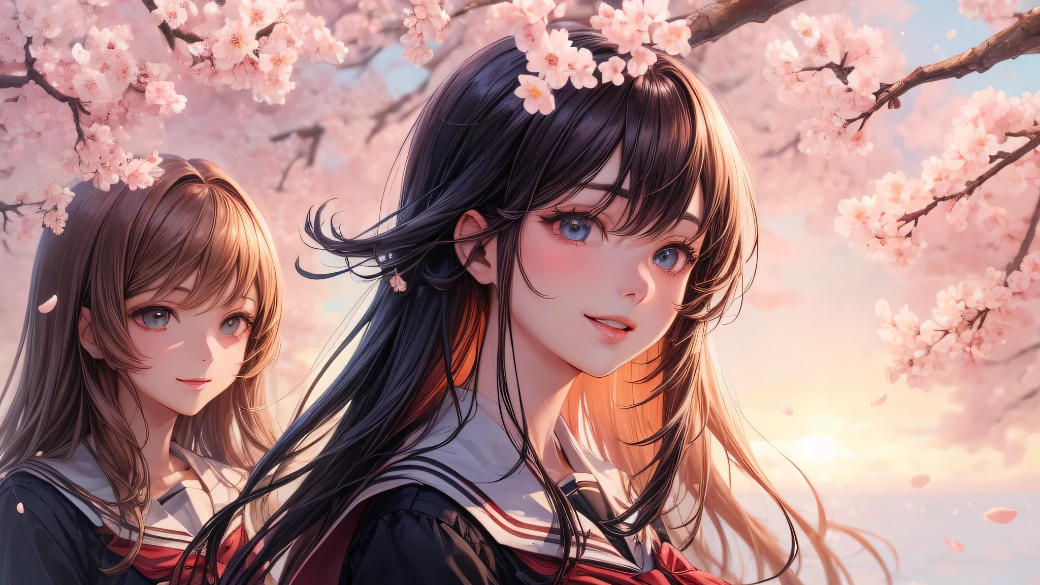 (2 girls:1.2), incredibly beautiful face,, shining smile, (school uniform, mini skirt:1.2), (highest quality: 1.4), (Super detailed), (highest quality:1.4), (super detailed), evening, (anime illustration), very high resolution, (Upper body), close up face, cherry blossoms, cherry blossoms
