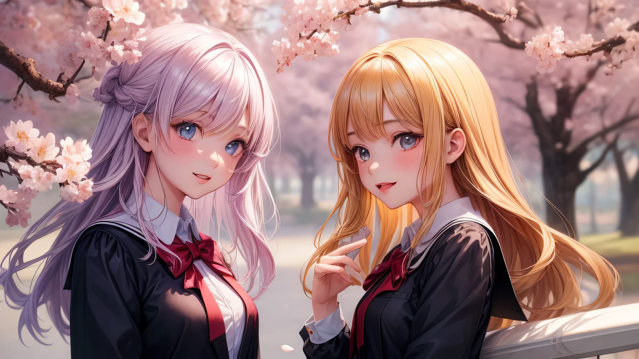 (2 girls:1.2), incredibly beautiful face,, shining smile, (school uniform, mini skirt:1.2), (highest quality: 1.4), (Super detailed), (highest quality:1.4), (super detailed), evening, (anime illustration), very high resolution, (Upper body), close up face, cherry blossoms, cherry blossoms