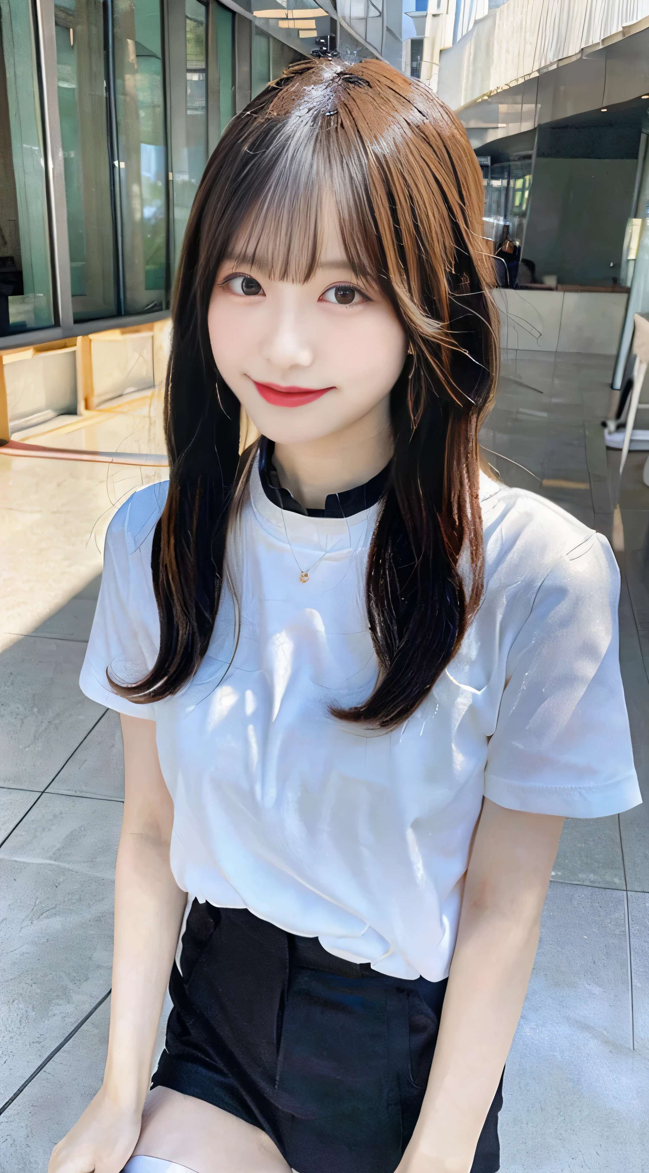 (highest quality,8K quality,masterpiece:1.3),(ultra high resolution,Photoreal:1.4,RAW photo),(Super detailed,caustics,detailed background),(ultra-realistic capture,Fine and beautiful skin,perfect anatomy), beautiful eyes, . double, Clean city,18-year-old,cute,Black Long, white short sleeve t-shirt,looking at camera,laughter,full body shot,natural soft light, smile, white teeth, perverted woman,, white thighs, beautiful feet, big breasts