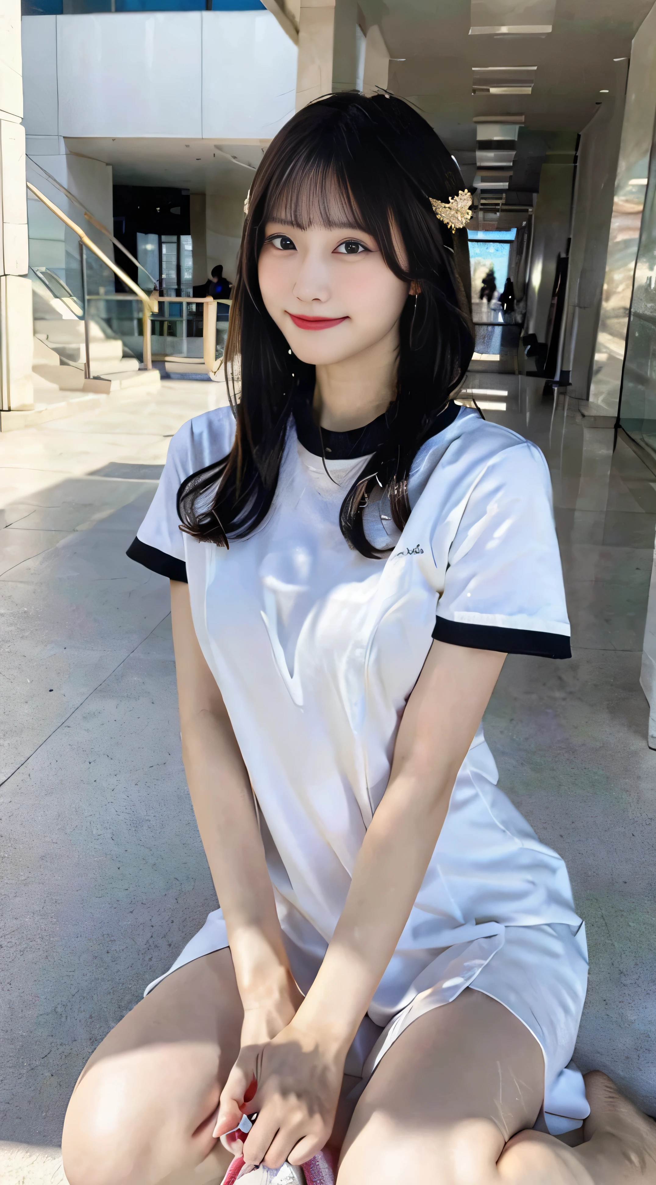 (highest quality,8K quality,masterpiece:1.3),(ultra high resolution,Photoreal:1.4,RAW photo),(Super detailed,caustics,detailed background),(ultra-realistic capture,Fine and beautiful skin,perfect anatomy), beautiful eyes, . double, Clean city,18-year-old,cute,Black Long, white short sleeve t-shirt,looking at camera,laughter,full body shot,natural soft light, smile, white teeth, perverted woman,, white thighs, beautiful feet, big breasts