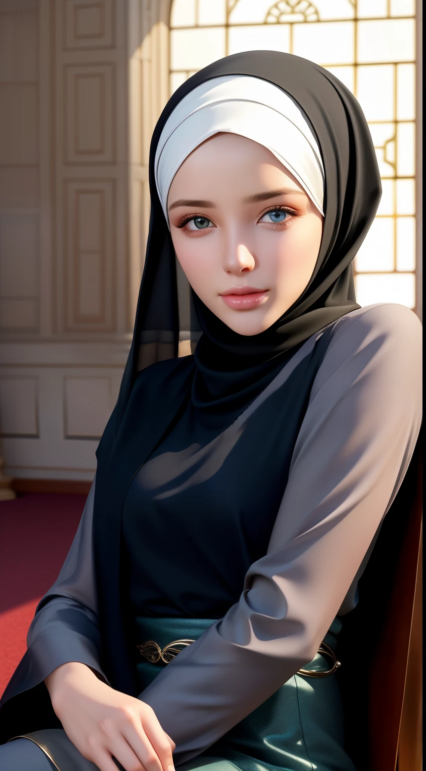 1girl, solo, beautiful face, high detailed realistic eyes, double eyelids, high detailed realistic pupils, (upon body from head to waist:1.36), (wearing hijab:1.37), (moslem headscarf:1.37), reading glasses, sitting alone on a long chair, amazing mosque park background, taj mahal, best quality, masterpiece, highres, black and white moslem female dress, Beautiful face, (upon body from head to waist:1.35), tyndall effect, photorealistic, dark studio, two tone lighting, 8k uhd, dslr, soft lighting, high quality, volumetric lighting, candid, Photograph, high resolution, 4k, 8k, Bokeh, (hyperrealistic girl), (illustration), (high resolution), (extremely detailed), (best illustration), (beautiful detailed eyes), (best quality), (ultra-detailed), (masterpiece), (wallpaper), (photorealistic), (natural light), (rim lighting), (detailed face), (high detailed realistic skin face texture), (anatomically correct), (heterochromic eyes), (detailed eyes), (sparkling eyes), (dynamic pose), (hair completely covered by the hijab:1.35), looking to viewer, muslim clothing 