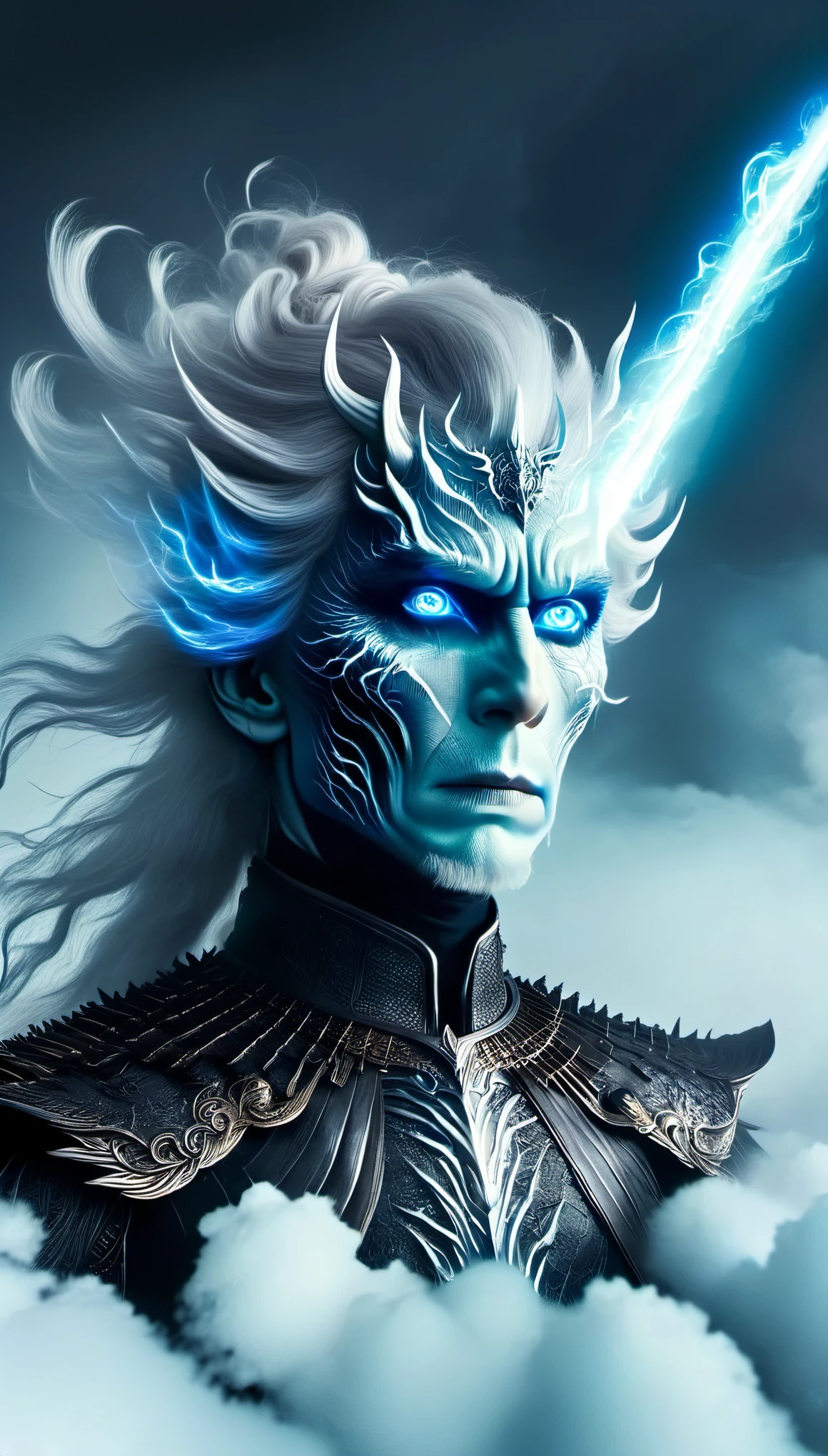 aerial photography,The appearance of the Night King is full of mystery、Cold and strong sense of power,The appearance of the Night King is very unique。His face is like a withered bone,Gives people a dead and cold feeling。His figure is like a long sword,Tall and straight,Revealing a kind of majesty and strength。His skin is whiter than milk,In stark contrast to his overall image。(all black horse:0.65) The Night King's eyes are deep blue,Burning coldly like black ice,It gives an unfathomable feeling。There was a kind of coldness and cruelty in his eyes,suddenly white as fresh snow,Suddenly dark as a long night,Like the ever-changing night sky。The body is dotted with the deep gray green of the foreseems to be telling his mystery and power。 The weapon in the Night King's hand emits a strange faint blue light,A light that seems to shine in the darkness。In a fight,His weapons make sounds like animal wails that exceed the limits of human hearing.,It's scary。When the Night King Meets His Nemesis Dragonglass,He will bleed blue blood,This is one of his unique physical characteristics。