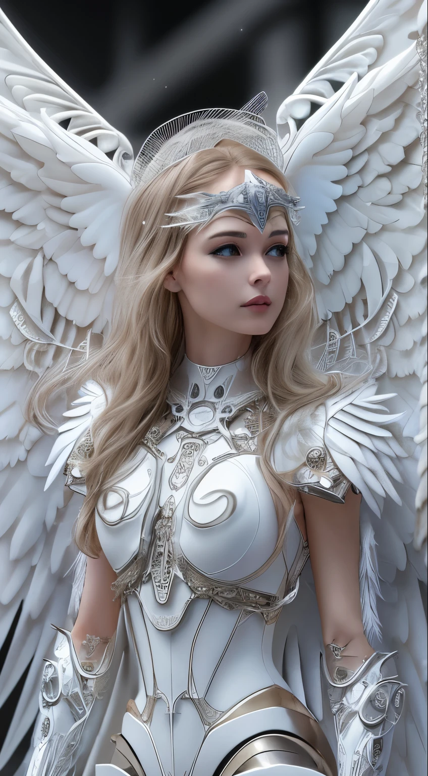 Close-up of a woman in a white dress with wings, full body angel, futuristic robot angel, amazing angel wings, angel knight gothic girl, angel in plastic armor, intricate costume designs, As a mysterious Valkyrie, The whole body is made of white feathers,, futuristic and fantastic, white wings, beautiful angel wings, steampunk angel, beautiful cyborg angel girl, graceful wings