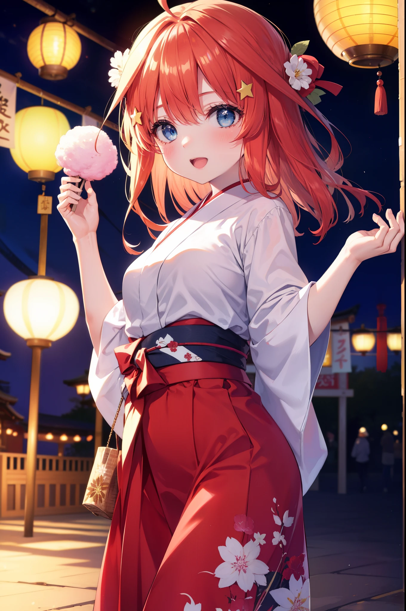 itsukinakano, Itsuki Nakano, bangs, blue eyes, hair between eyes, Ahoge, redhead, star \(symbol\), hair ornaments, star hair ornaments,Akabu glasses,smile,blush,happy atmosphere,open your mouth,long hair,tie back hair,red yukata,long skirt,Zori sandals,Girl in yukata with cotton candy at festival,japanese festival,summer festival stalls,Red lantern,night,So that the whole body goes into the illustration, Looking up,
break indoors, shrine,
break (masterpiece:1.2), highest quality, High resolution, unity 8k wallpaper, (shape:0.8), (fine and beautiful eyes:1.6), highly detailed face, perfect lighting, Very detailed CG, (perfect hands, perfect anatomy),