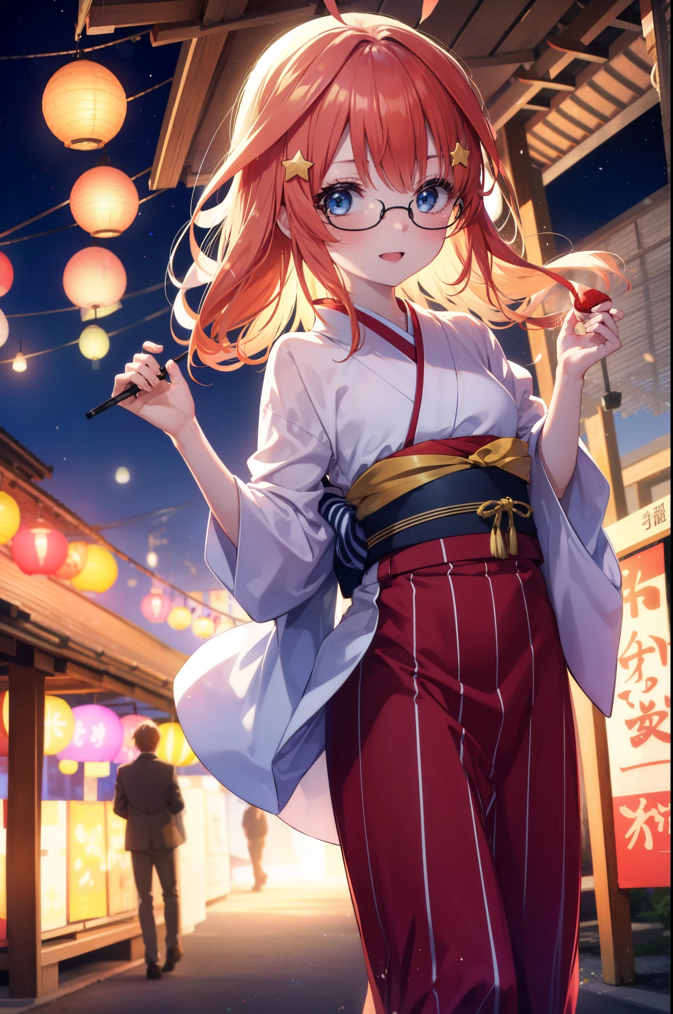 itsukinakano, Itsuki Nakano, bangs, blue eyes, hair between eyes, Ahoge, redhead, star \(symbol\), hair ornaments, star hair ornaments,Akabu glasses,smile,blush,happy atmosphere,open your mouth,long hair,tie back hair,red yukata,long skirt,Zori sandals,Girl in yukata with cotton candy at festival，japanese festival,summer festival stalls,Red lantern,night,So that the whole body goes into the illustration, Looking up,
break indoors, shrine,
break (masterpiece:1.2), highest quality, High resolution, unity 8k wallpaper, (shape:0.8), (fine and beautiful eyes:1.6), highly detailed face, perfect lighting, Very detailed CG, (perfect hands, perfect anatomy),