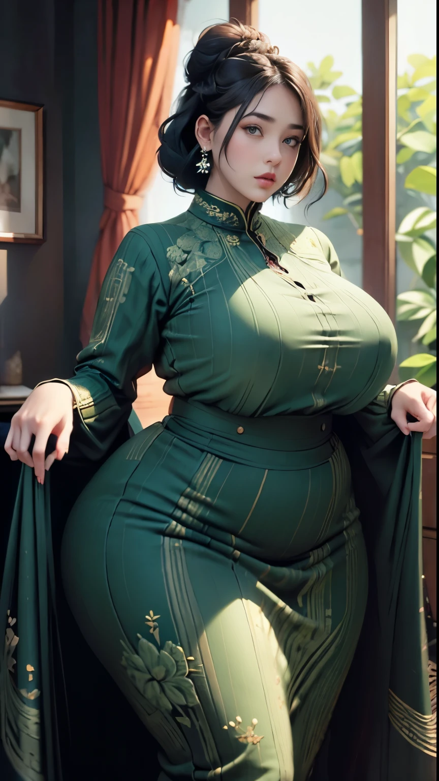 1girl, huge breast, wavy black short hair, green eyes,high quality, ultra detailed, masterpiece, realistic, gamis clothes,braid,standing, slightly fat arms , slightly fat belly , chubby cheeks 
