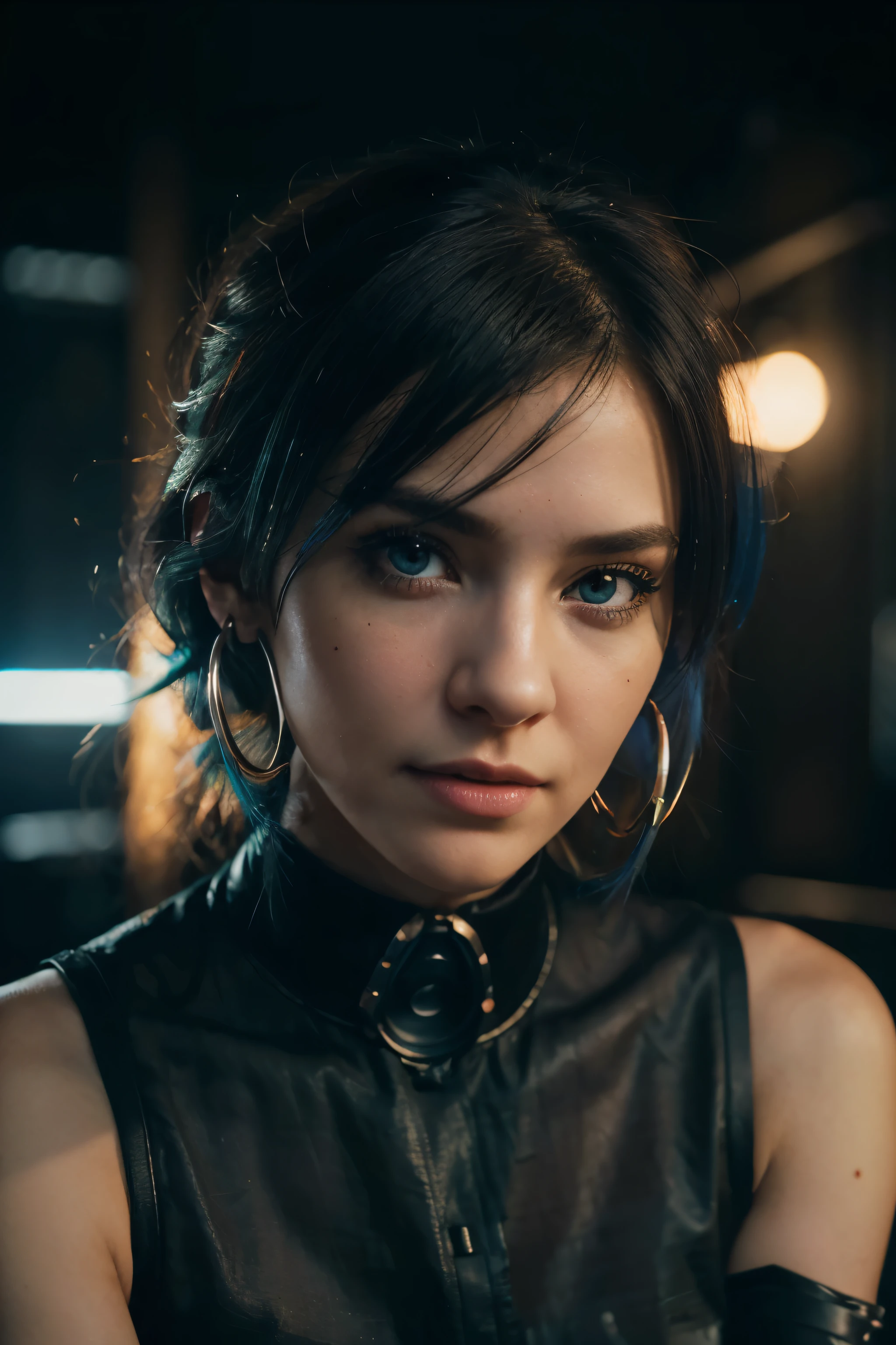 Obra maestra, premiado photo, extremadamente detallado, Asombroso, buen detalle, extremadamente detallado eyes and face, by lee jeffries nikon d850 film stock photography 4 kodak portra 400 f1 camera.6 lenses rich colors realistic texture hyperreal dramatic lighting unreal engine trend in artstation cinestill 800 tungsten, hermosa y hermosa mujer con cara cachonda, MEDIO , cara perfecta, Cuerpo perfecto, perfect pale blue eyes, cara sentada y dominante, medio cyborg, seductive dark fantasy cyberpunk, under neon lights in a cyberpunk city at nightblack hair, gomas para el pelo, contraerse de dolor, long eyelashes, solid circle eyes, sonrisa ligera, rubor de oreja, colmillo, Pelo interior coloreado, Pelo rubio, lunar debajo del ojo, aretes de aro, constituir, grave, Surrealism, sombra paralela, anaglyph, estereograma, tachi-e, tirar, Atmospheric perspective, 8K, Super detail, preciso, Mejor calidad, Alta calidad, high resolution, premiado, detalles altos, piel texturizada, Obra maestra, HD, retina, anatomically correct, wearing cyberpunk clothing with neon and metallic parts