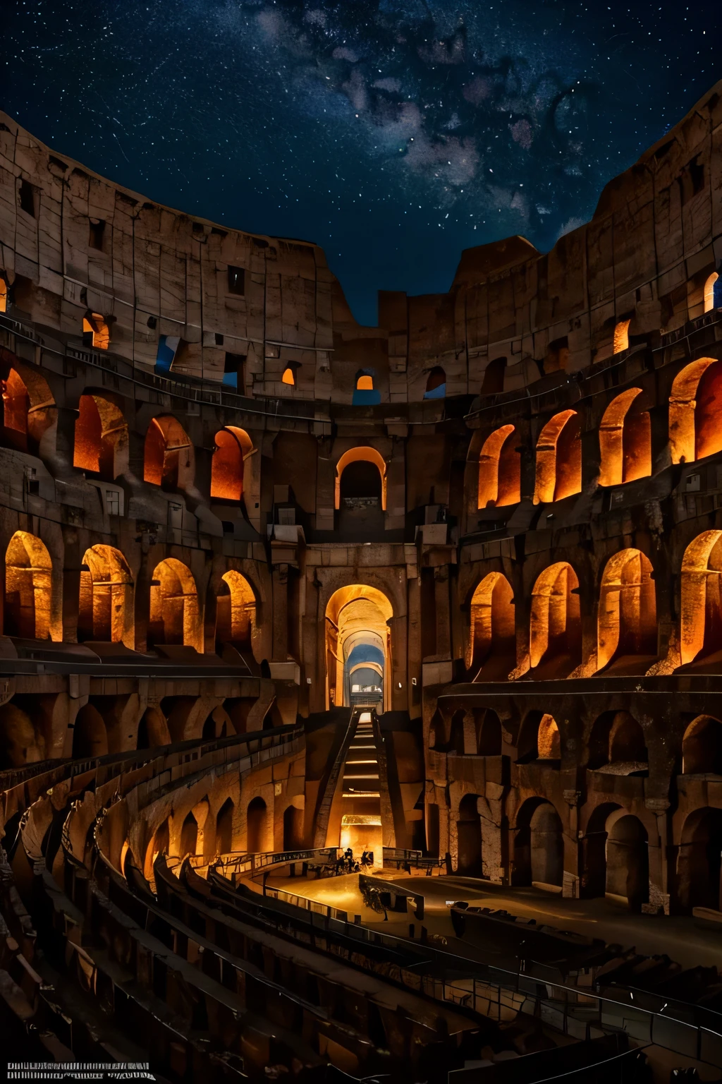 This stunning image depicts the iconic Roman Colosseum in all its grandeur and majesty. A estrutura imponente domina o horizonte, destacando-se em meio a um ambiente que evoca a grandiosidade da antiga Roma. Carefully balanced lighting highlights the Colosseum'Impressive architectural details, while shades of amber and red provide a warm and enveloping atmosphere. The scene is complemented by a starry night sky, giving a touch of mystery and romance to the image. This digital representation invites the viewer to transport themselves to an era of gladiators, emperors and epic spectacles, capturing the essence of the splendor of the Roman Colosseum.