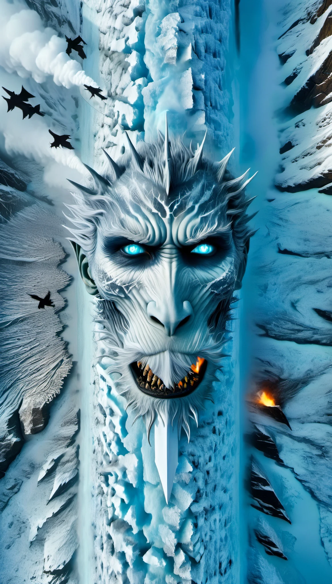 aerial photography,The appearance of the Night King is full of mystery、Cold and strong sense of power,The appearance of the Night King is very unique。His face is like a withered bone,Gives people a dead and cold feeling。His figure is like a long sword,Tall and straight,Revealing a kind of majesty and strength。His skin is whiter than milk,In stark contrast to his overall image。(all black horse:0.65) The Night King's eyes are deep blue,Burning coldly like black ice,It gives an unfathomable feeling。There was a kind of coldness and cruelty in his eyes,suddenly white as fresh snow,Suddenly dark as a long night,Like the ever-changing night sky。The body is dotted with the deep gray green of the foreseems to be telling his mystery and power。 The weapon in the Night King's hand emits a strange faint blue light,A light that seems to shine in the darkness。Popular TV series《game of Thrones》Great Wall of China,one(Cliffs made entirely of ice and snow stretch for dozens of miles.:0.85),digitally rendered,Standing tall,become a strong barrier,(The Great Wall separates the Night's Watch from the White Walkers.),(Lots and lots of Night's Watch and armies of White Walkers),background:The wind is cold、Blizzard-raging environment,Create a sense of foreboding and danger。