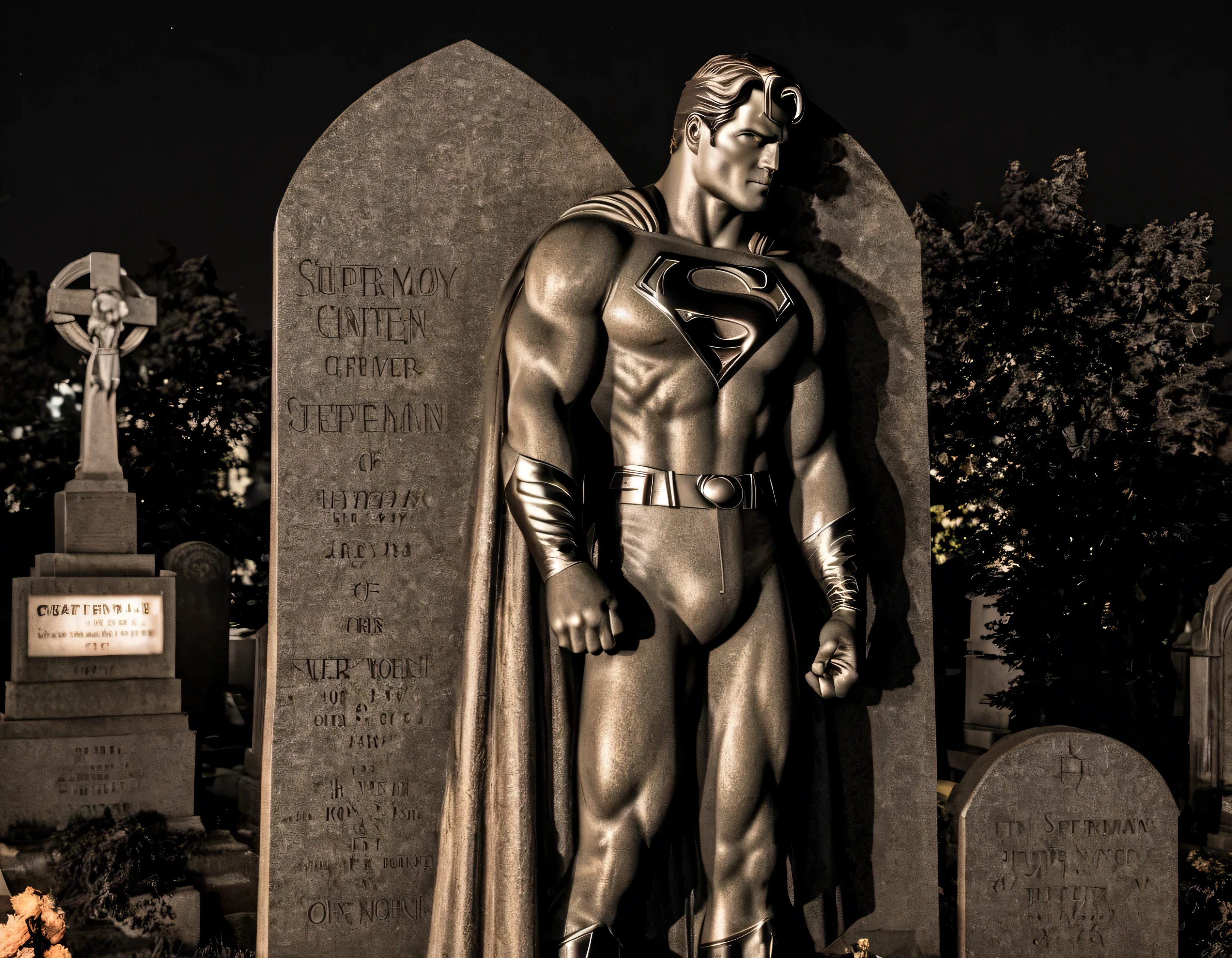 heroic gravestone of superman, bright cemetery in the middle of a city nighttime backlit high-saturation, high quality film grain