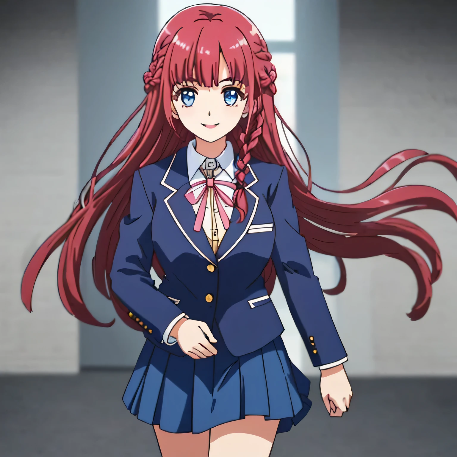 highest quality, (masterpiece:1.2), very detailed, One girl looks at the viewer with her biggest smile, Glossy lips that make you want to kiss, nice smile, big clear blue eyes, (((dark pink hair))), 15 years old, school uniform, Dark blue and navy plaid skirt, middle long skirt, white shirt, Luxurious navy blazer with a golden patch on the left chest, ((very large school ribbon tie)), very shiny long hair、laughter、bright look、Both face and hair catch the light and shine, The corners of the eyes are drooping, I&#39;m so happy I can jump up, The expression of a maiden in love, (((long hair))), ((knee length skirt)), The long skirt fabric has a beautiful deep blue checkered pattern..., A gentle and cute expression staring at the viewer, double eyelid, ((Long eyelashes and long lower eyelashes)), ((braid with ribbon))