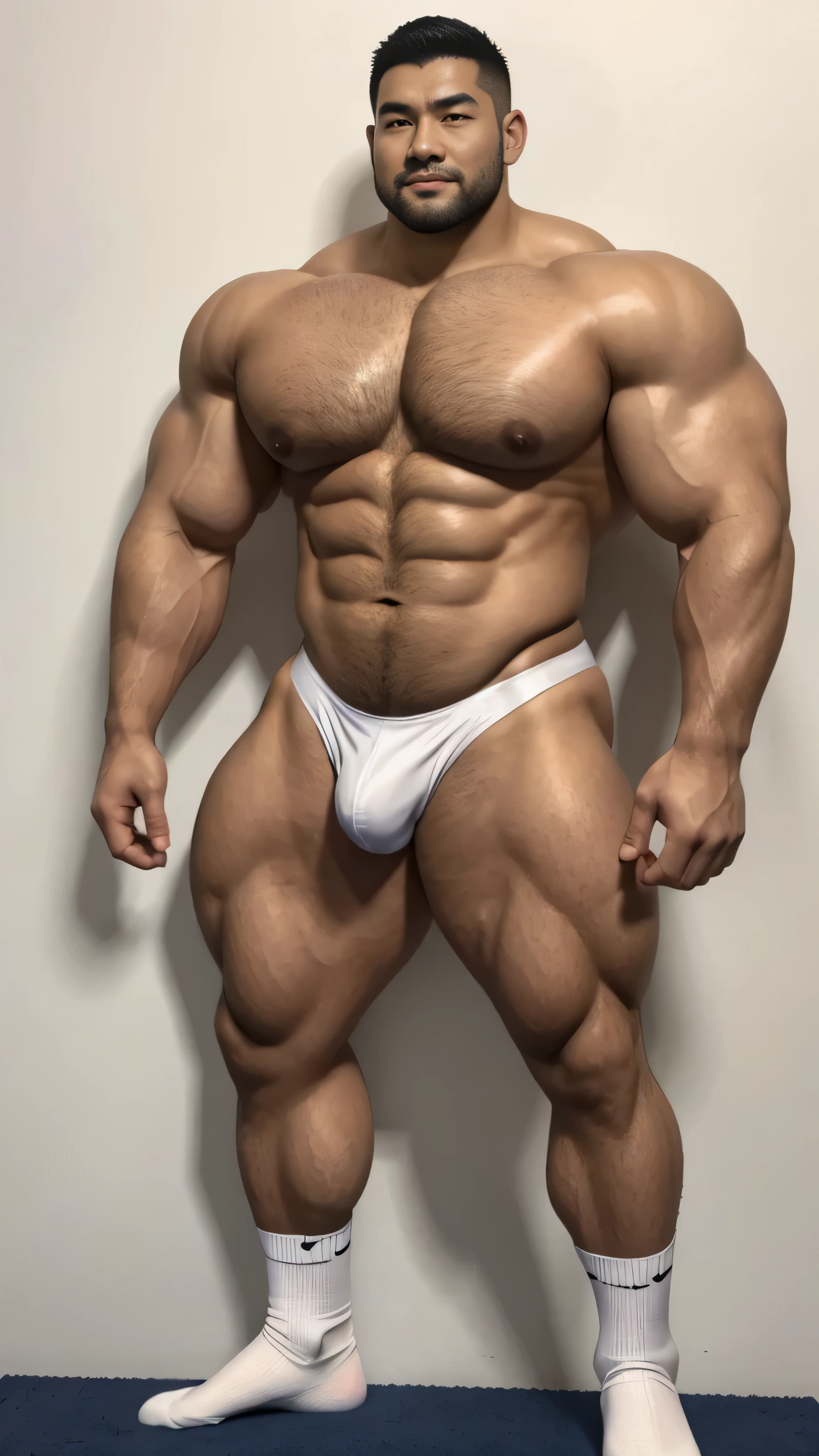 a chinese bodybuilder，30 years old，Tall and handsome, toned body，short hair, O-shaped beard，Perfect body, Dark and shiny complexion，Smooth skin，The body is hairless，Muscle bulge, muscular, Very big pecs，Very sexy abs，Leg muscles are very developed，Huge bumpy area，Brighten oily skin，Wearing a gold leather shiny thong，handsome face， Correct and accurate male body proportions, full-body shot, shiny muscular skin，wear white socks，standing in front of gray background board。