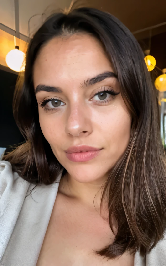Photorealistic, acuity, Photo brute, amateur photo, belle 29 ans. Oh fille Latina-Espagnole, brune avec des reflets blonds, Prendre un selfie, robe soyeuse, detailed skin pores & Texture du visage, pores, (chair de poule:0.7), pose dynamique, Regarder le spectateur, Mise au point du visage, Taken with a mobile camera, grain le film 4k
