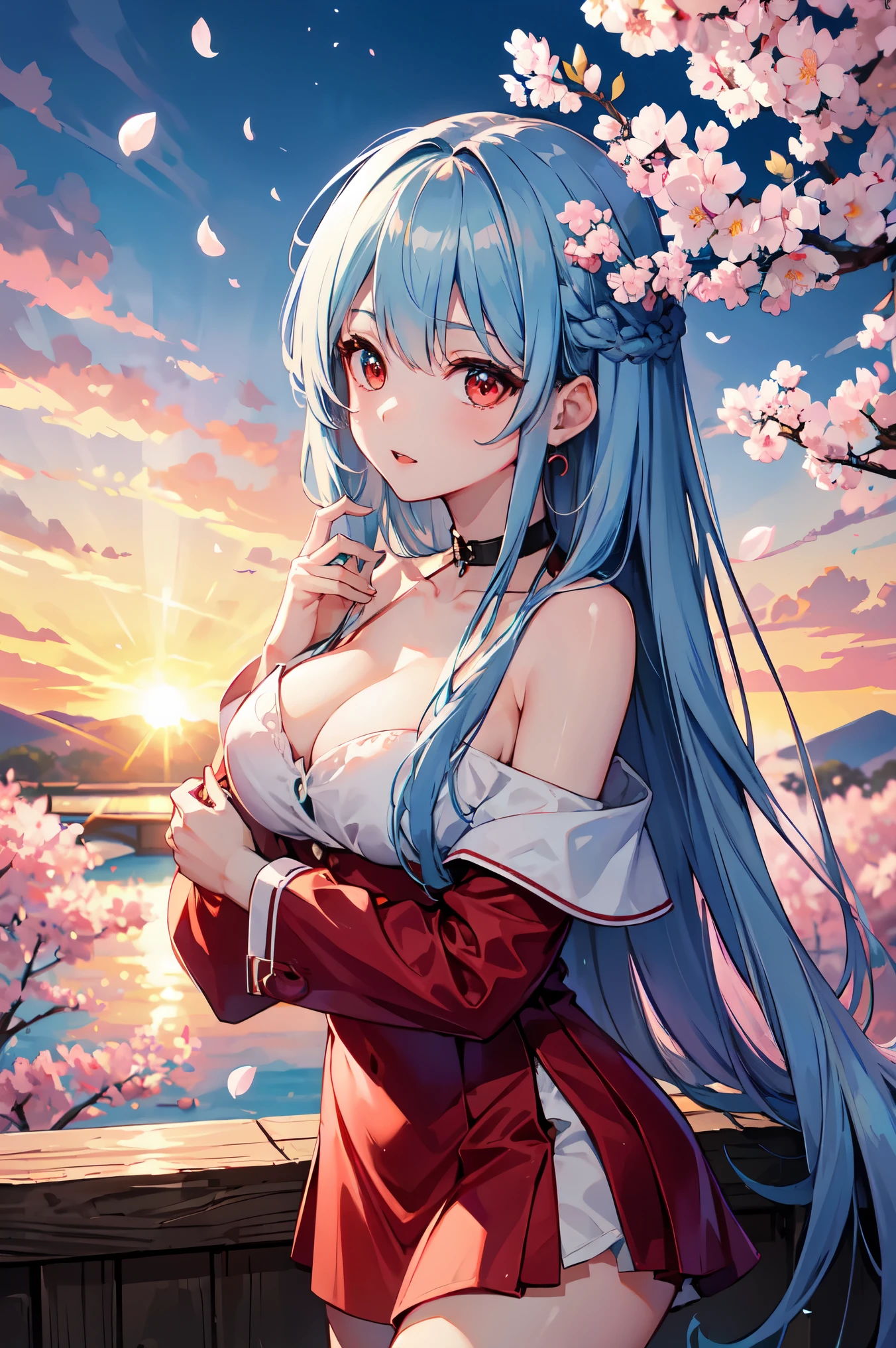 1 female、whole body、long hair、well-groomed face、silver hair and blue hair 1:3、dense lips、red eyes、off shoulder dress、beautiful breasts、slim、mini skirt、cherry blossoms、cherry blossoms吹雪、petal、hot spring town、sunset、masterpiece、ultra high resolution、delicate、perfect lighting、sunlight、16K