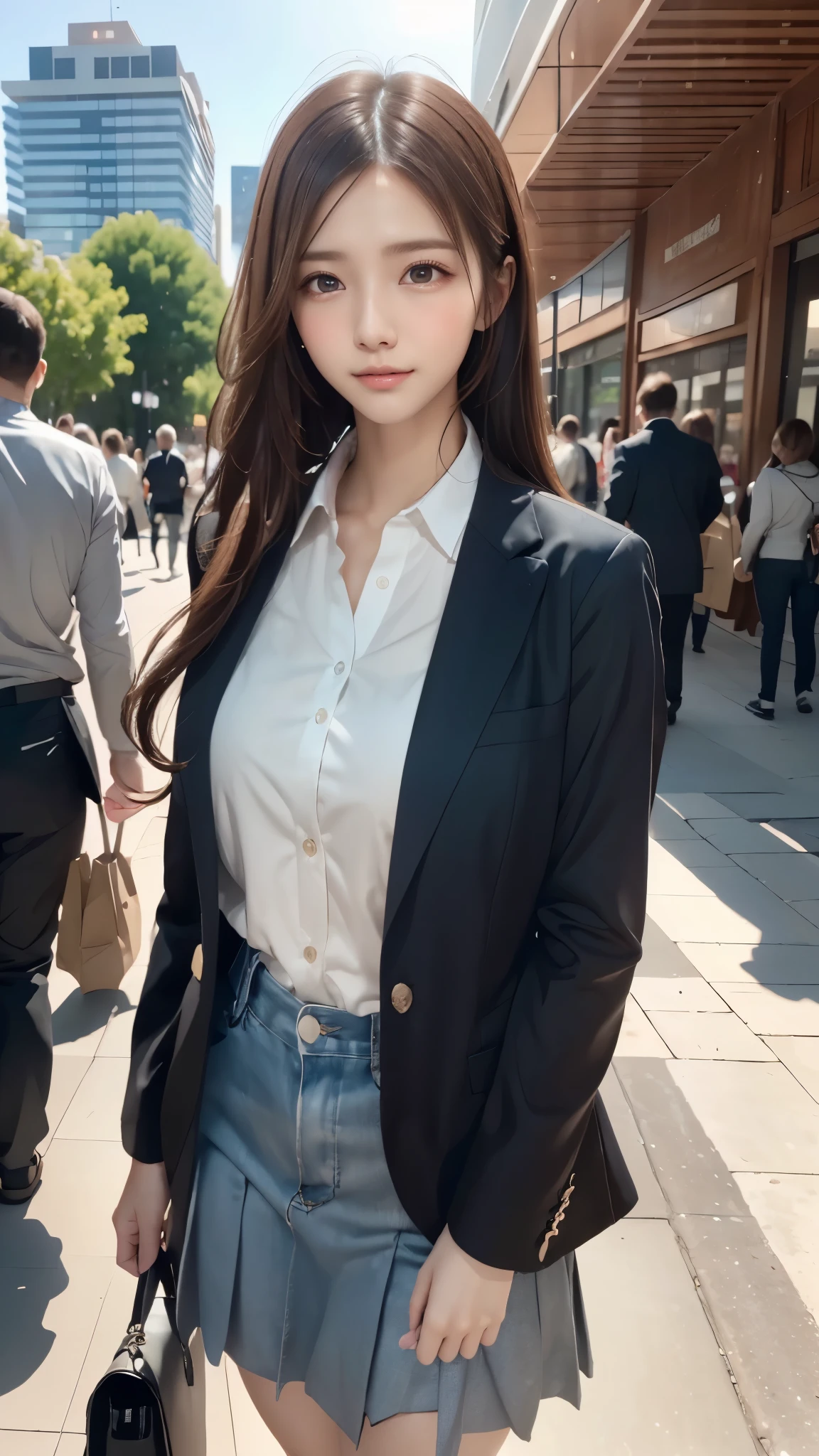 (8k, RAW photo, best quality, masterpiece:1.2), (realistic, photo-realistic:1.4), (extremely detailed 8k wallpaper), sharp focus, depth of field, bocinematic lighting, soft light,detailed beauty eyes,shiny smooth light brown long bob hair, asymmetrical bangs, shiny skin, super detailed skin,high resolution, high detailing, detailed hairstyle, detailed beauty face, hyper realistic, perfect limbs, perfect anatomy ,1 japanese girl,famous Japanese idol, perfect female body, large breasts,smile,short eyelashes,double-edged eyelid,long bob hair, (school uniform : 1.3), looking at viewer, (Crowded city streets:1.3),cowboy shot