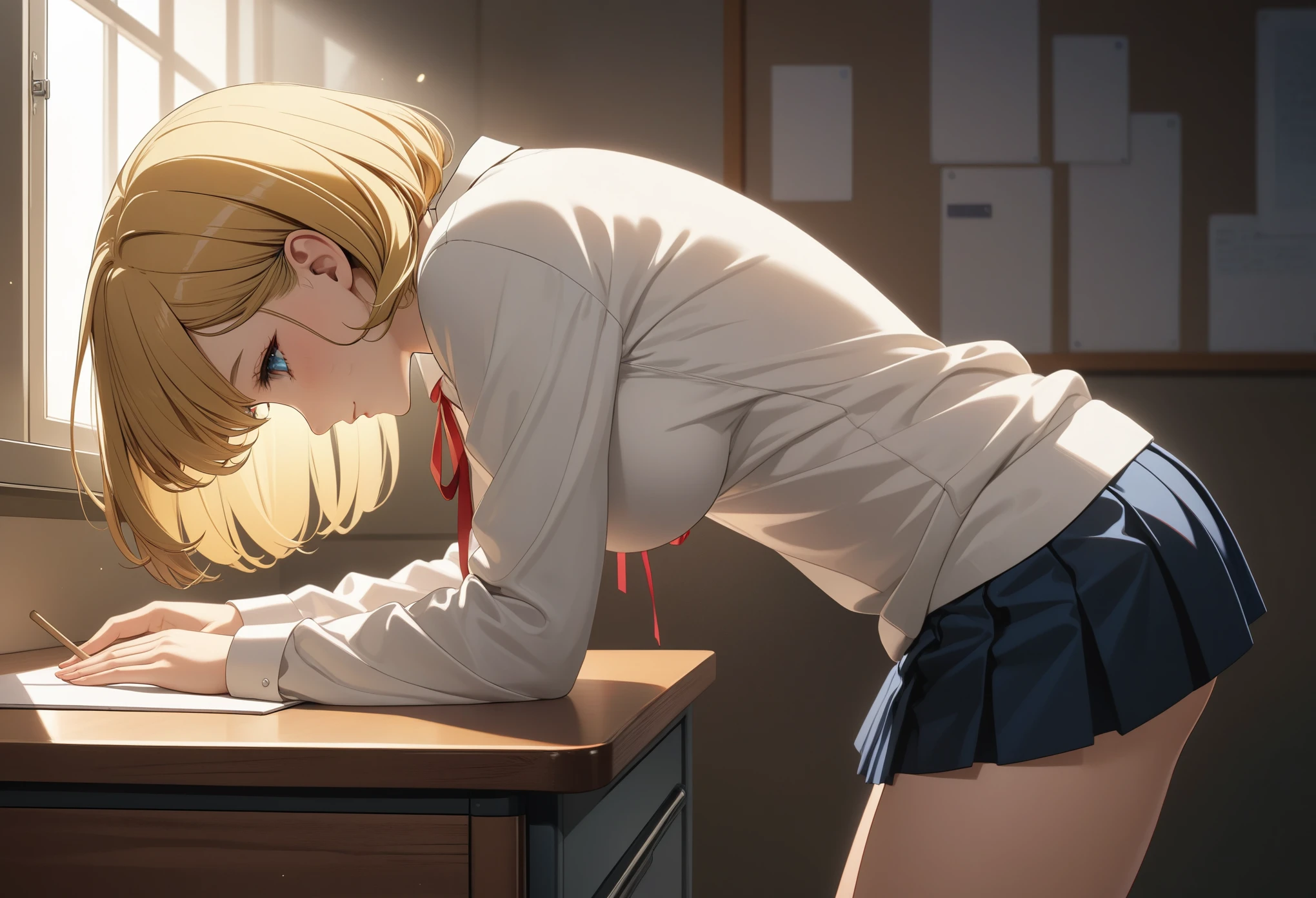 On all fours,,(Point your butt here.),Profile,From side,(Put your hands on the desk and stick your butt out.),solo,gal,Gal makeup,1Girl,blue eyes,large breasts,BREAK, Yellow hair, straight bob cut,BREAK,School Uniforms, blue short pleated skirt,BREAK,sleeves past wrists black baggy cardigan,black socks,BREAK,inner wear is white collared-shirt, BREAK,It's loose red Thin ribbon, (masterpiece, top quality, best quality, highres, extremely detailed anime, 8k:1.2),Illustration, focus, perfect lighting, :1.0), (official art, beautiful and aesthetic:1.0)