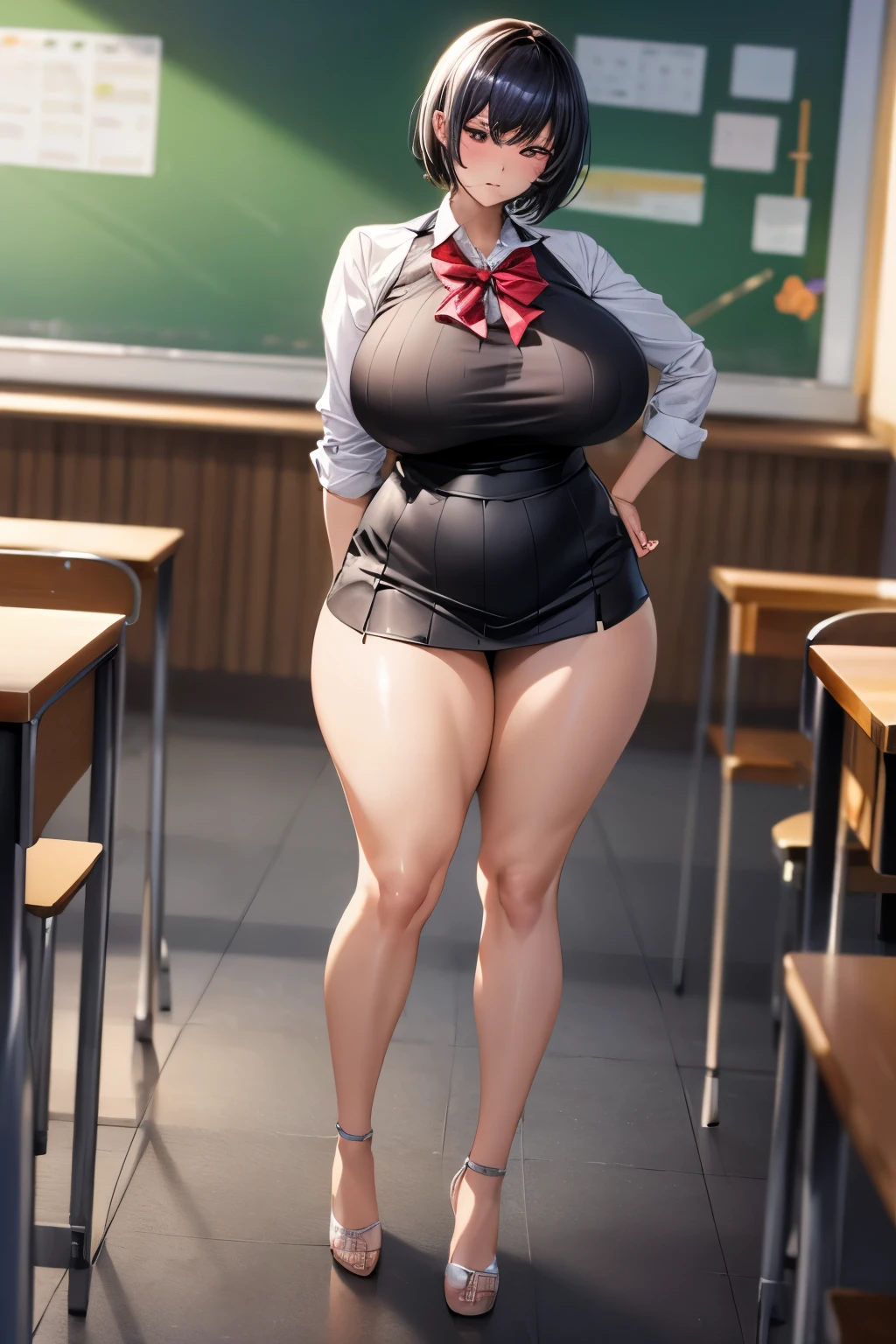 Solo highest quality, masterpiece, Very detailed CG, Highly detailed 8K wallpaper, indoor, classroom, masterpiece, highest quality, extreme details, Plump anime style, sharp focus, intricate details, 1 girl, huge breasts, High resolution, white school shirt, navy blue skirt, 8k, Tomboy, black hair, brown eyes, woman, Fair skin, sensual, short black hair, high high school girl, Are standing, hourglass illustration, cool face, short hair, sharp and cool face, calm expression, Fair skin, quite tall, full body shot, , high school girl, white shirt, brown eyes, didn't write, cross your arms underneath(huge breasts 1.8),Plump thighs,thick calves,