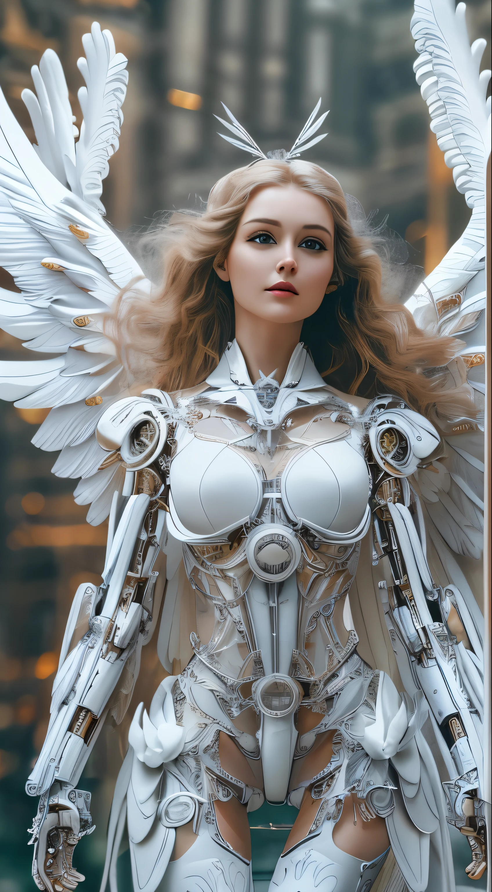 Close-up of a woman in a white dress with wings, full body angel, futuristic robot angel, amazing angel wings, angel knight gothic girl, angel in plastic armor, intricate costume designs, As a mysterious Valkyrie, The whole body is made of white feathers,, futuristic and fantastic, white wings, beautiful angel wings, steampunk angel, beautiful cyborg angel girl, graceful wings
