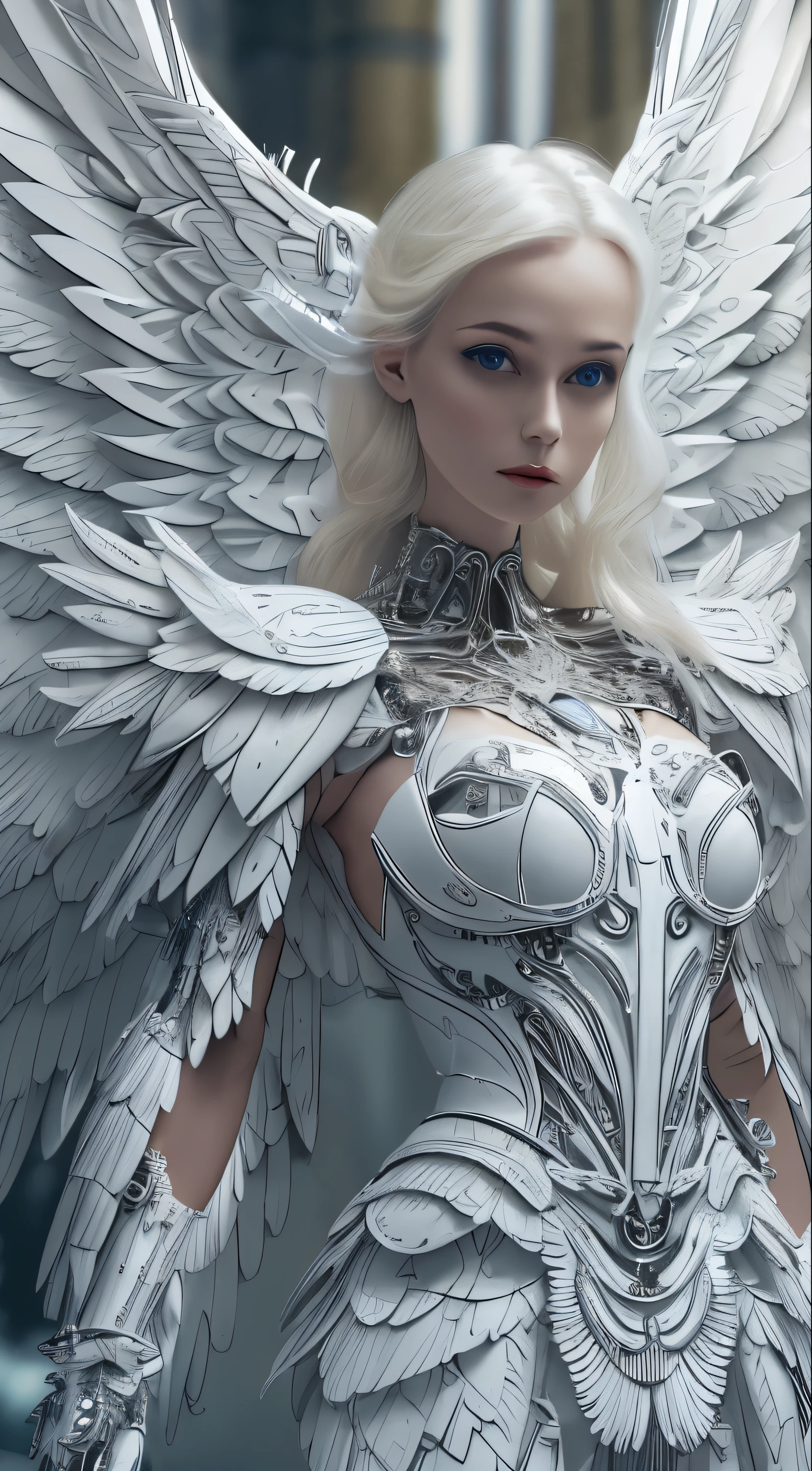 Close-up of a woman in a white dress with wings, full body angel, futuristic robot angel, amazing angel wings, angel knight gothic girl, angel in plastic armor, intricate costume designs, As a mysterious Valkyrie, The whole body is made of white feathers,, futuristic and fantastic, white wings, beautiful angel wings, steampunk angel, beautiful cyborg angel girl, graceful wings
