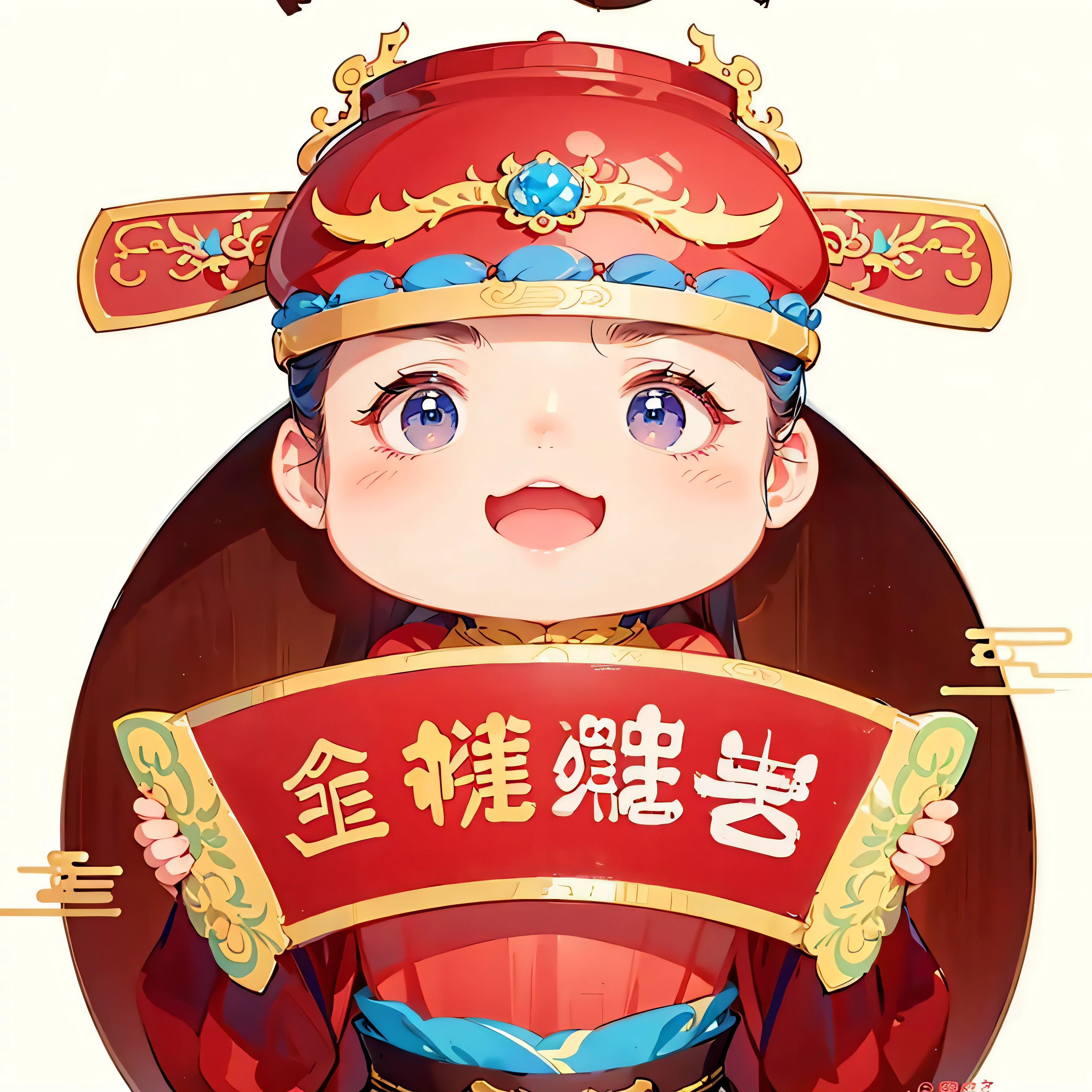 Close-up of cartoon character holding Chinese slogan, Chiba Yudai, Inspired by Puhua, nanquan, Popular topics on cgstation, Cai Xukun, Inspired by Dong Yuan, Inspired by Gong Xian, Hungry Ghost Festival, Wang Chen, traditional Chinese, god of wealth,16k