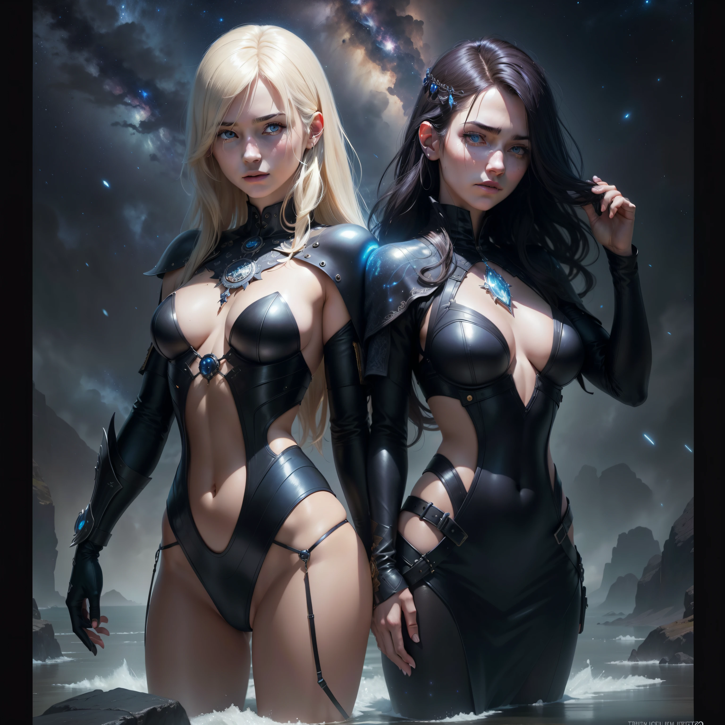 Realistic portraits of Noctis Lucis Caelum and Luna Freya Nox Fleurette from Final Fantasy XV, Photorealistic illustration by Tibor Nagy , Dark Blue Sky Magical Epic Vibration, natural color, dynamic pose, Movie-like still images, Space and nebulae in the eye, milky way, space background, precious stones, crystalline, flowing hair, rough skin, In the style of Joe Kubato, black, beige, lavender, Emerald and Gold, Ted Nasmyth, germanic art, Details that blink and you miss, Waino Aaltonen, Imaginative Characters — Rainbow 5 — Style、Expressive details、textured、gorgeous face, fine skin, Looking at the camera with blue eyes, octane rendering, nffsw, cover, cancel zoom, highly detailed painting, luminism, bar lighting, Complex, 8K resolution concept art portrait by Greg Rutkowski, Style by Wes Anderson, germ of art, WLOP, Alphonse Mucha, Little Fusion Pojatti Realgoth, Detailed bioluminescence of the fractal isometric encyclopedia : amazingly realistic photos