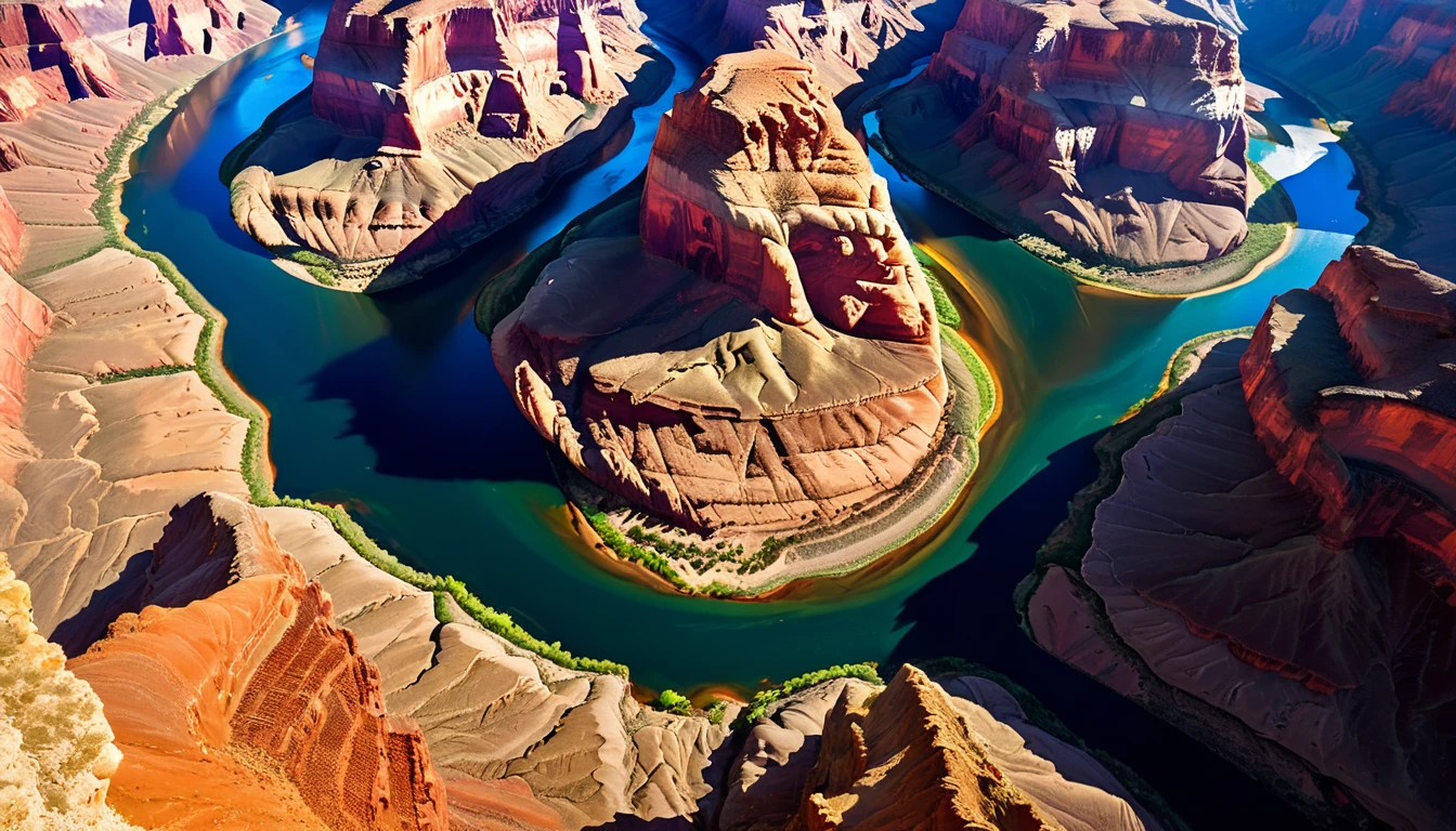 (aerial view,grand canyon,natural wonder,landscape),(vivid colors,highres,photographic,masterpiece:1.2),(dramatic lighting,sunlight casting deep shadowajestic,awe-inspiring,breathtaking:1.1),(rock formations,steep cliffs,red-orange hueeandering river,colorful layers),(immense scale,unforgettable experience),(eagles,small figures in vastness)